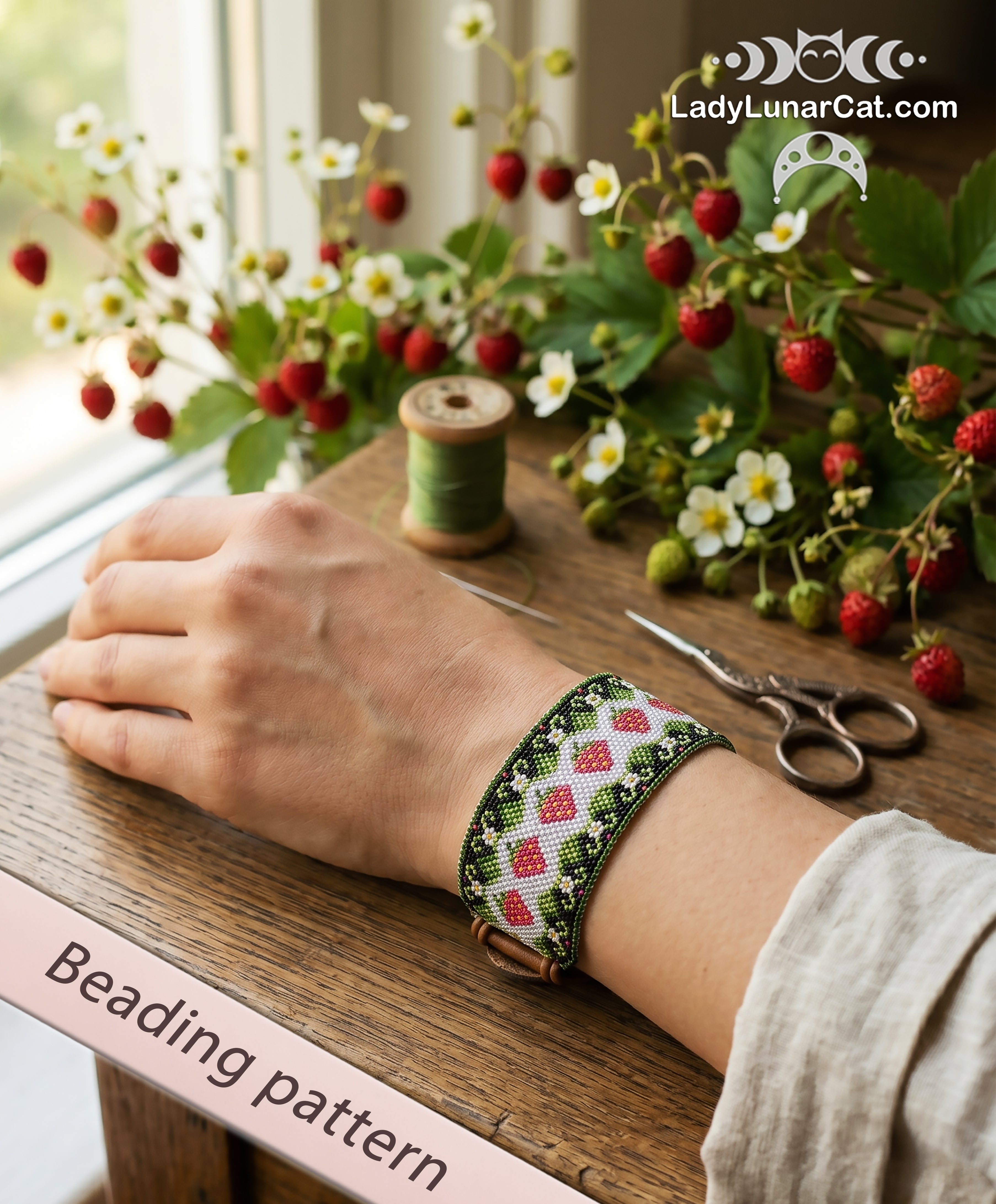 Strawberry peyote bracelet beading pattern — wide cottagecore cuff, 90x33 beads, 6 Miyuki Delica colors, PDF instant download