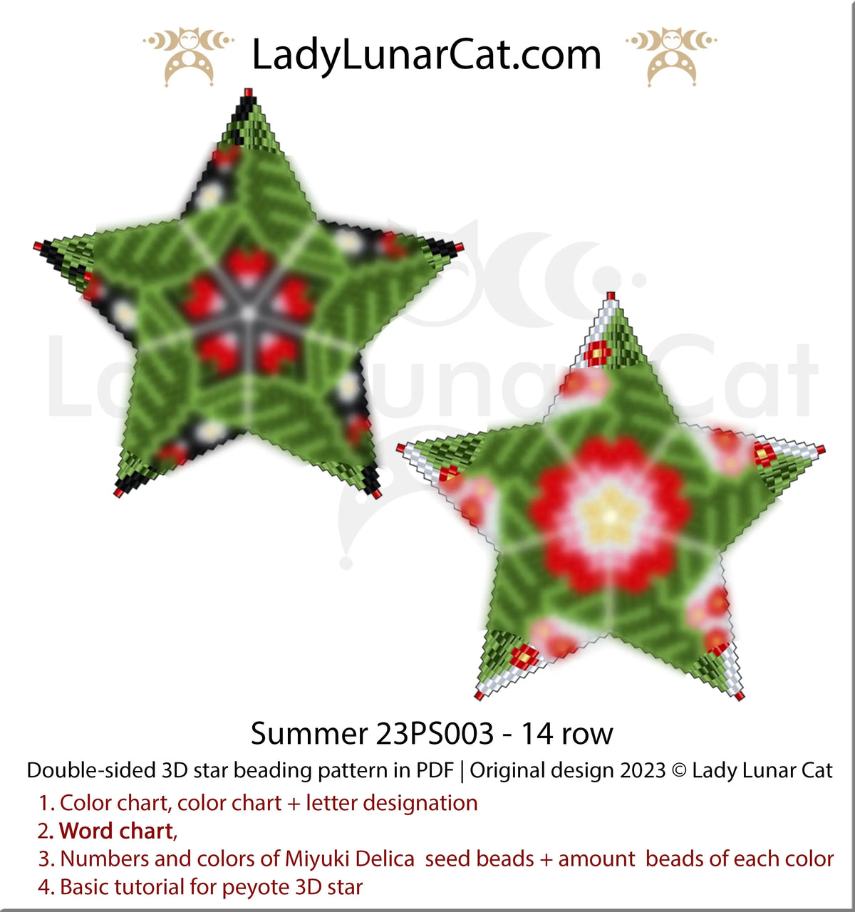 Summer peyote star pattern PDF by Lady Lunar Cat — 3D beaded star 23PS003