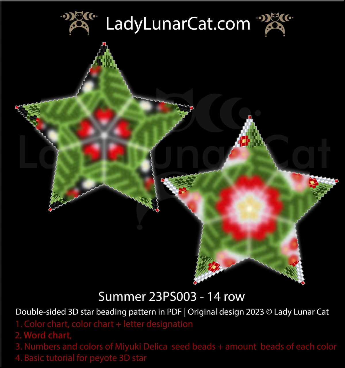 Summer floral berry peyote star beading pattern — 7 colors, Miyuki Delica 11/0