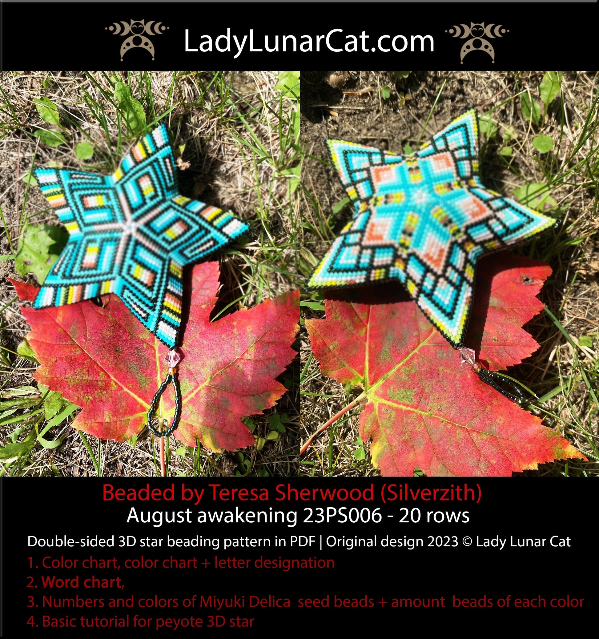 Peyote star pattern for beading - August awakening 23PS006 20 rows LadyLunarCat