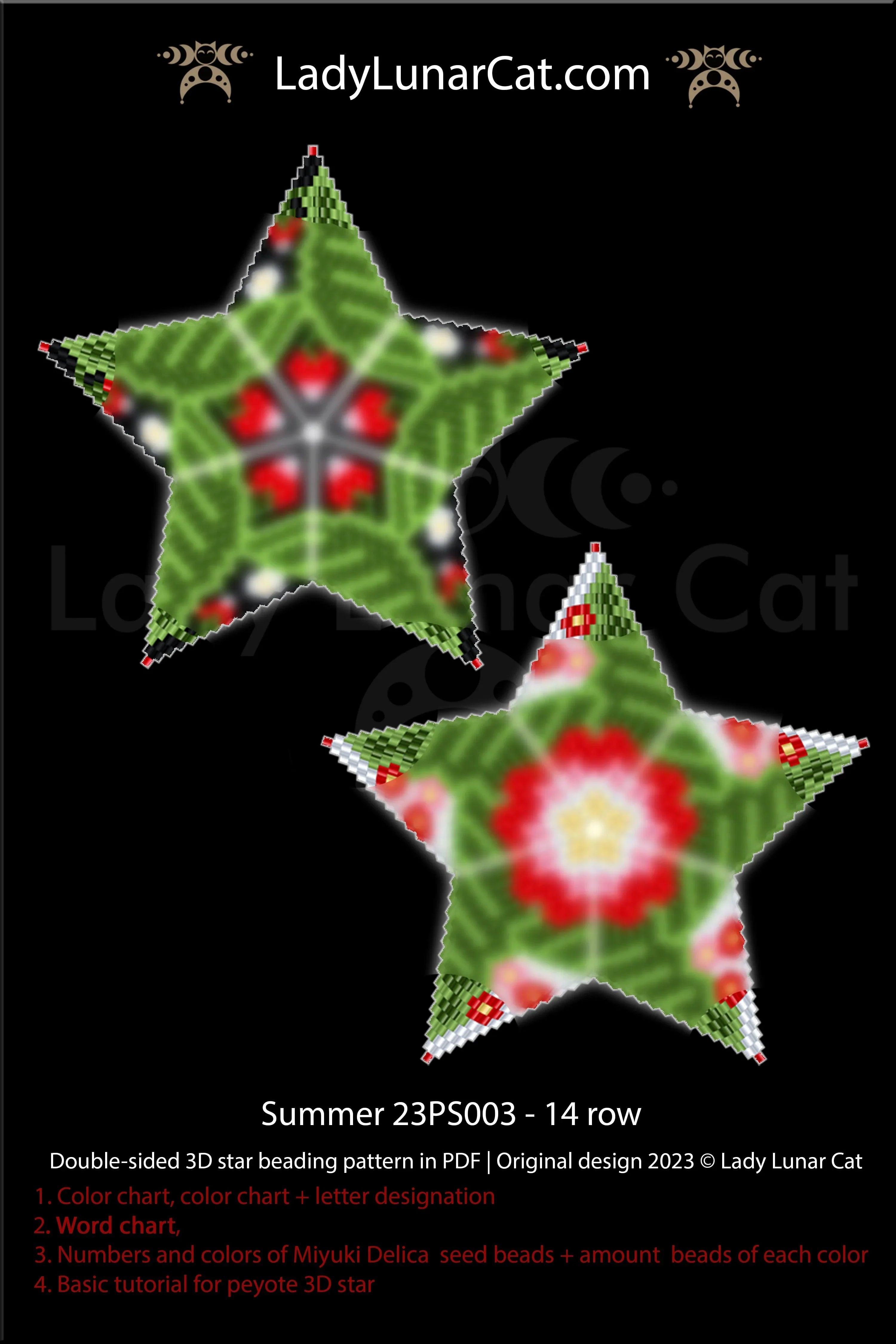3D peyote star pattern summer — 27-bead radius, flowers and berries, instant download