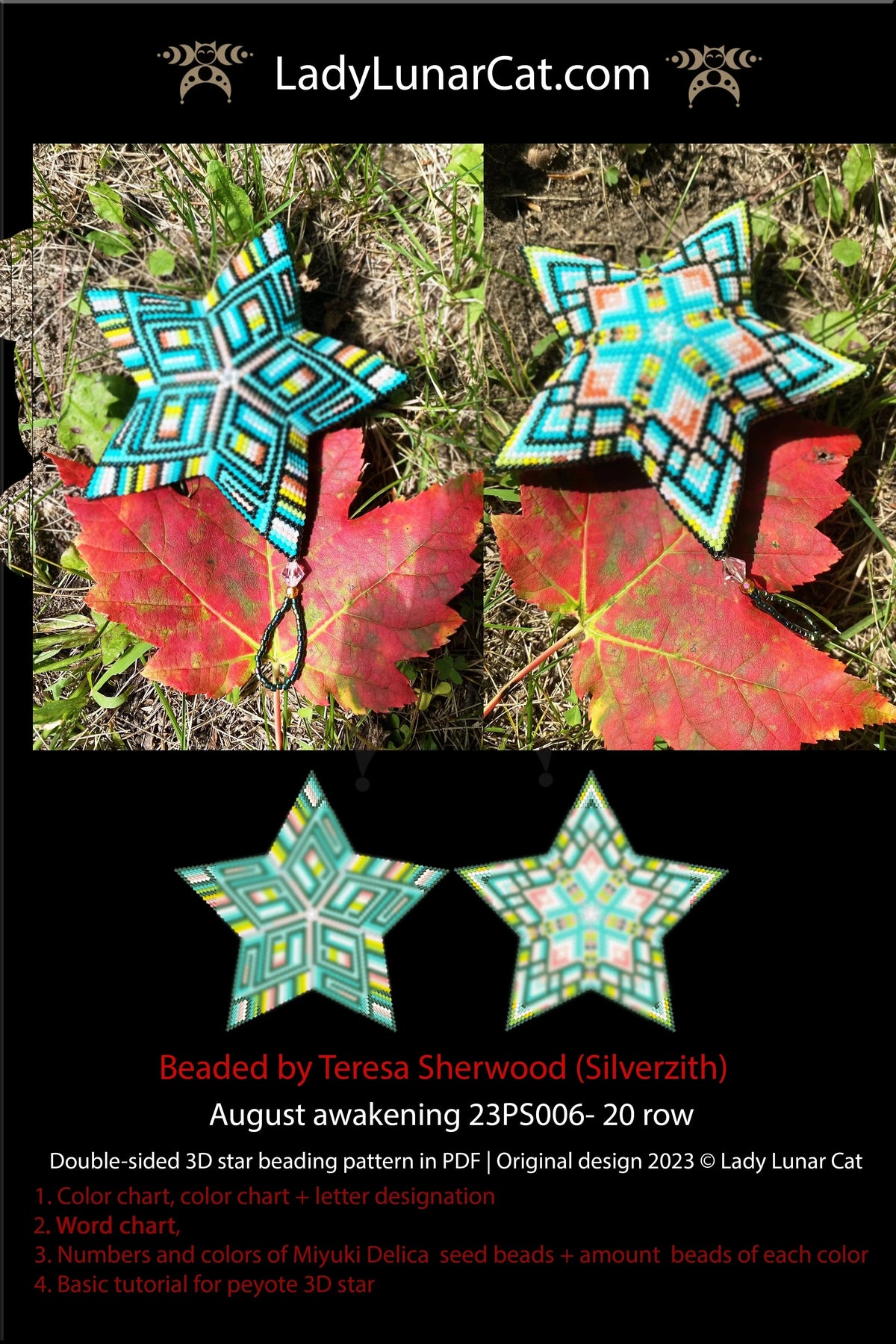 August Awakening peyote star colorway 3 - turquoise summer beading PDF LadyLunarCat