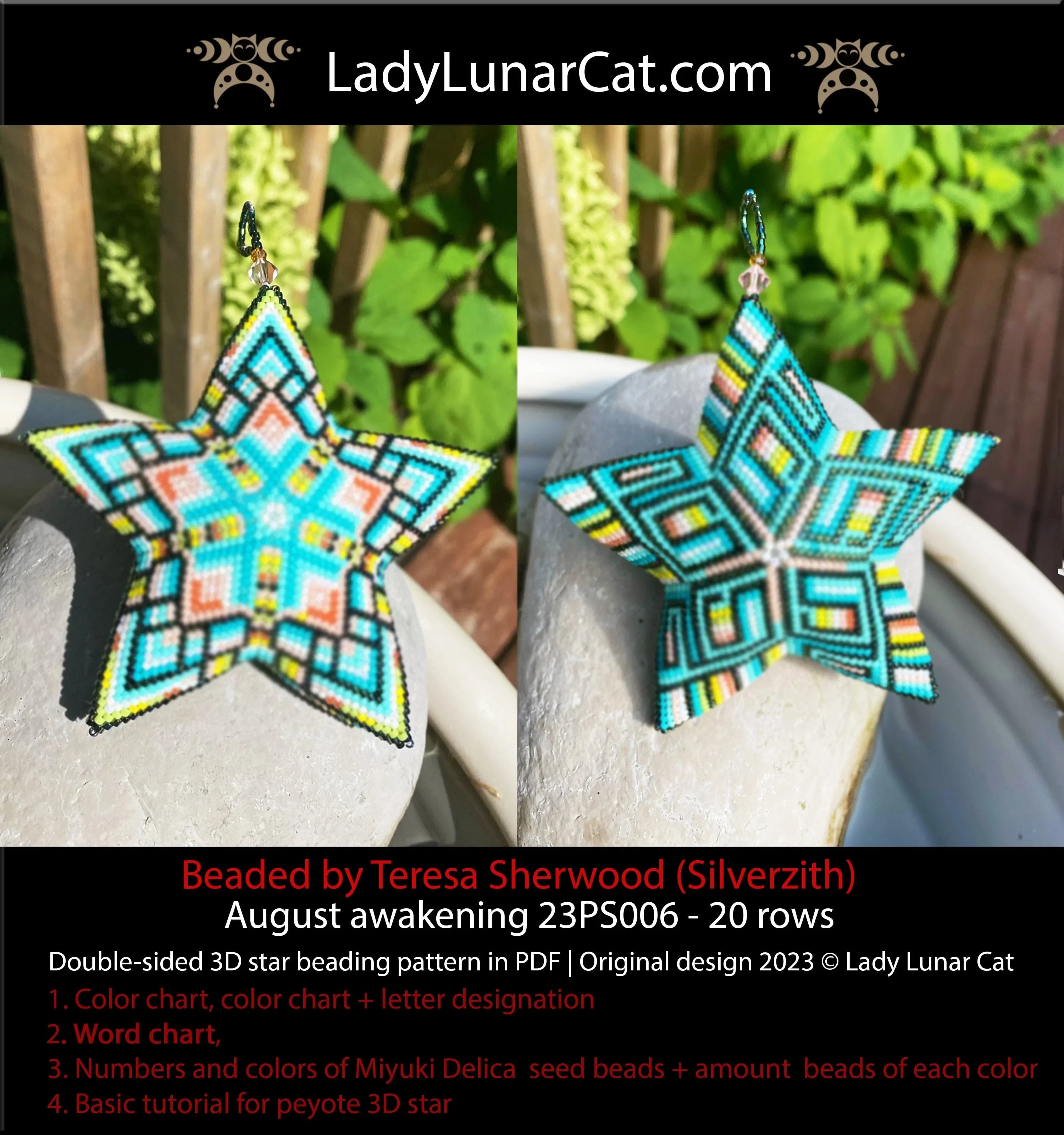 August Awakening beaded star full view - 3D peyote star 8 colors summer PDF LadyLunarCat