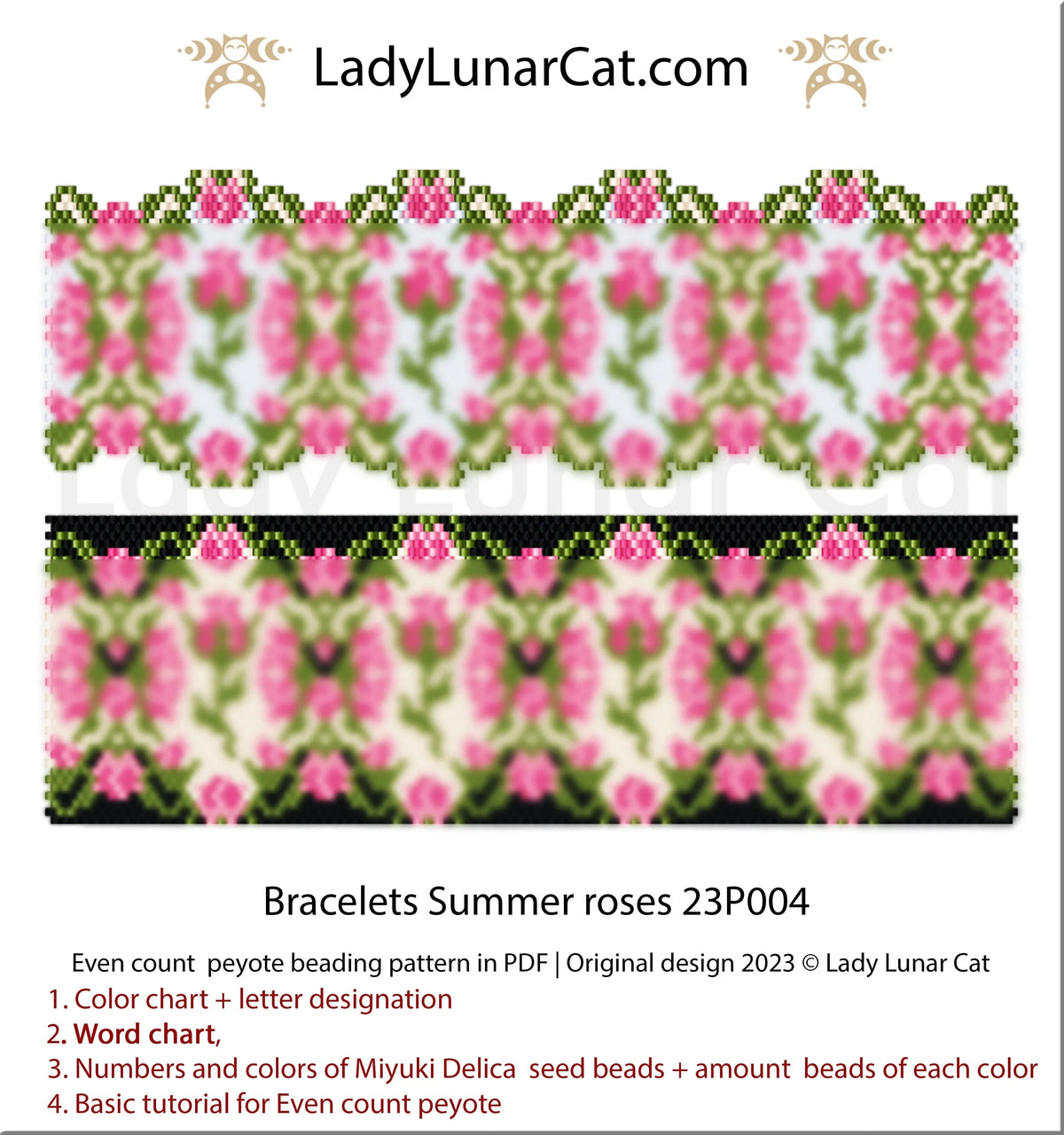 Summer Roses even count peyote bracelet - 2 colorways 94 beads floral PDF LadyLunarCat