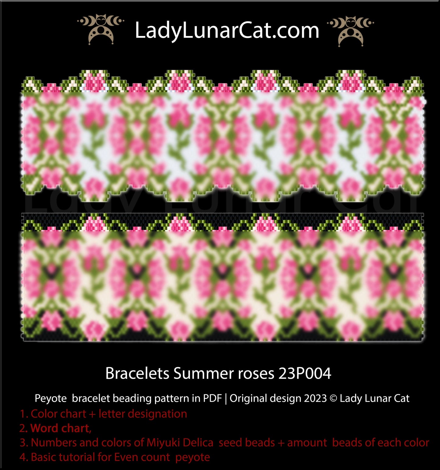 Copy of Even count peyote bracelet pattern Spring roses 23P002 LadyLunarCat