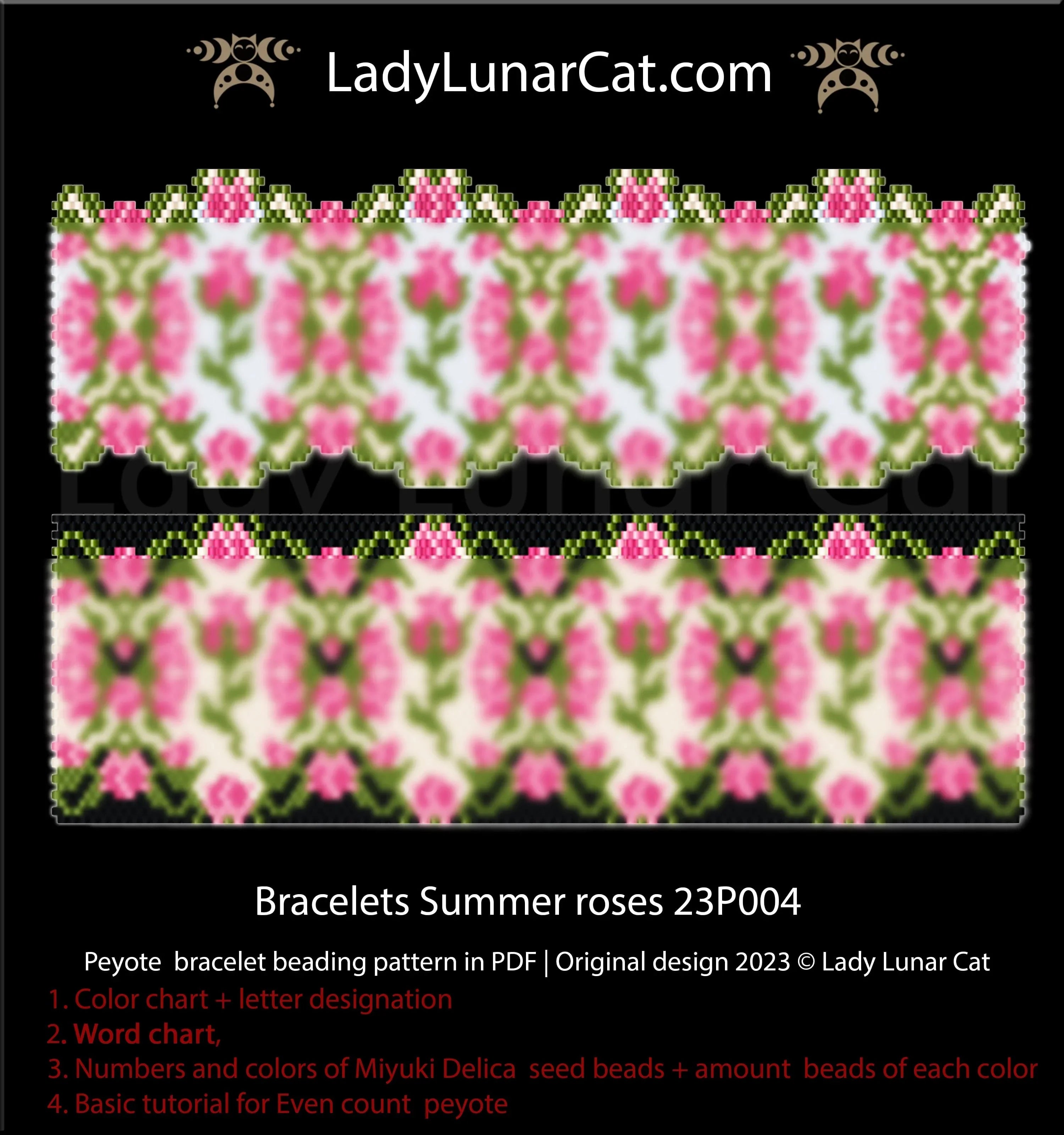 Summer Roses beaded bracelet colorway 1 - rose floral 5 colors Miyuki Delica LadyLunarCat