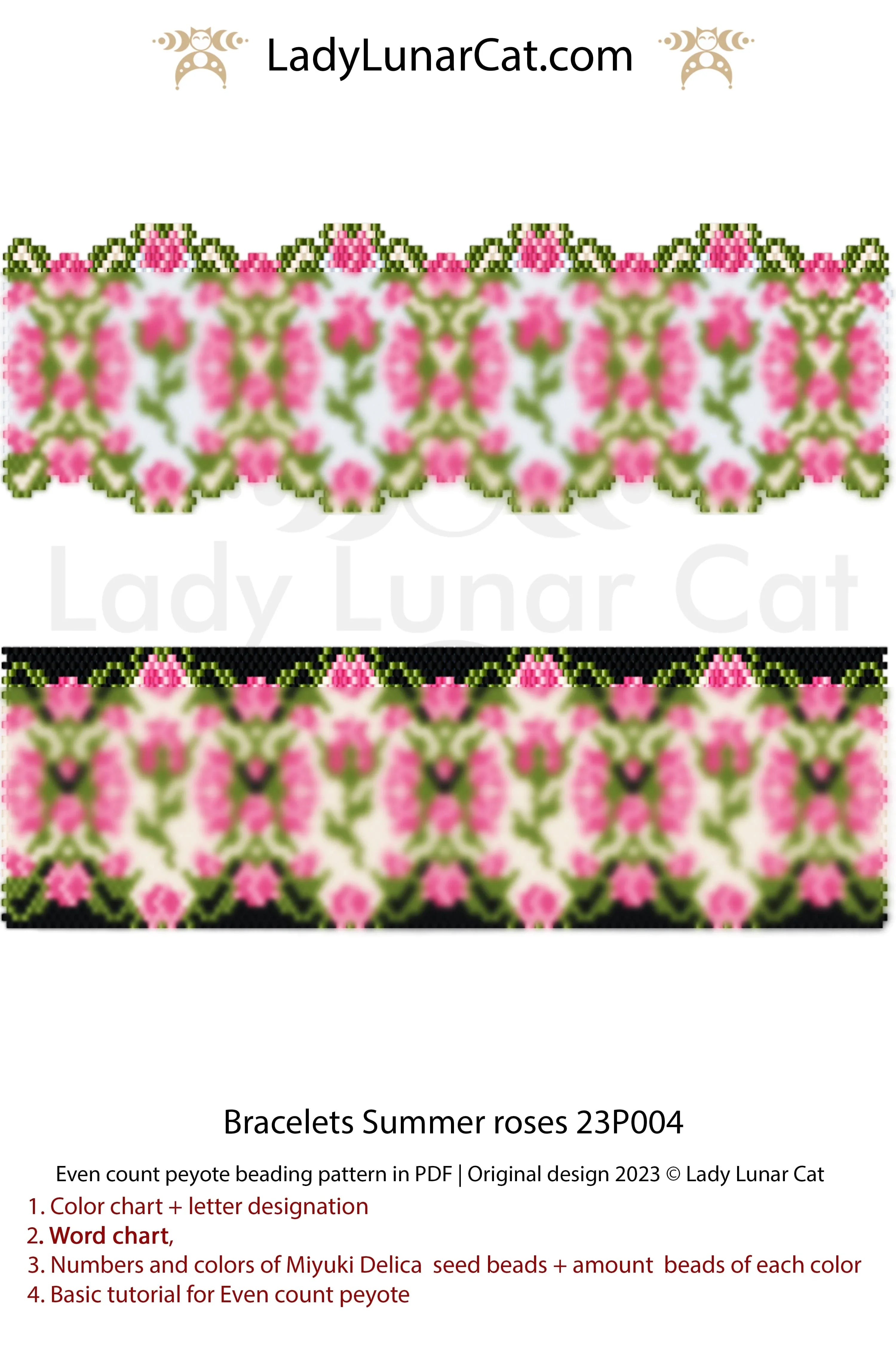 Summer Roses beaded bracelet detail - even count peyote rose pattern close up LadyLunarCat