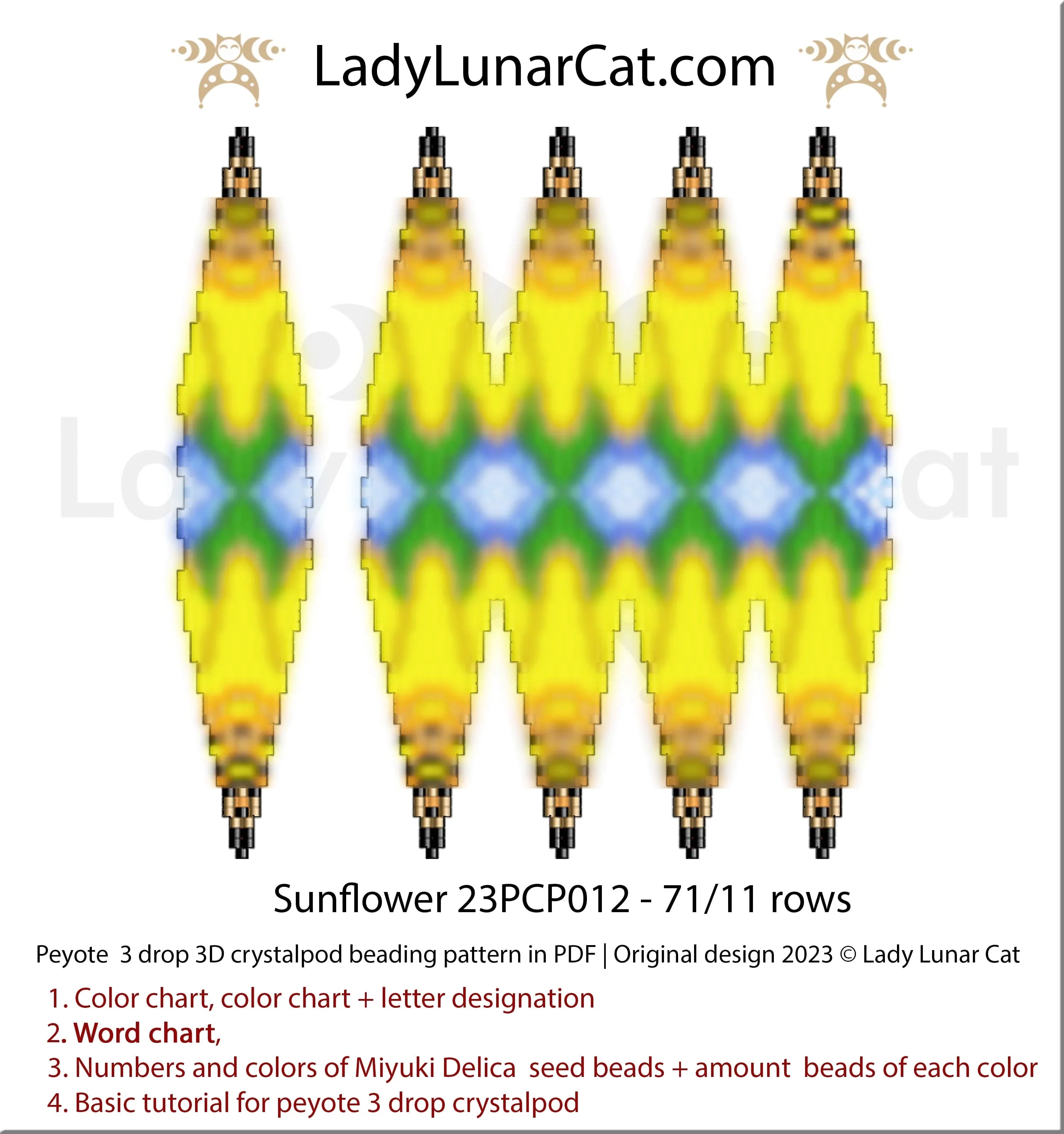 Sunflower beaded crystalpod full view - 3D bloom yellow golden Miyuki Delica LadyLunarCat