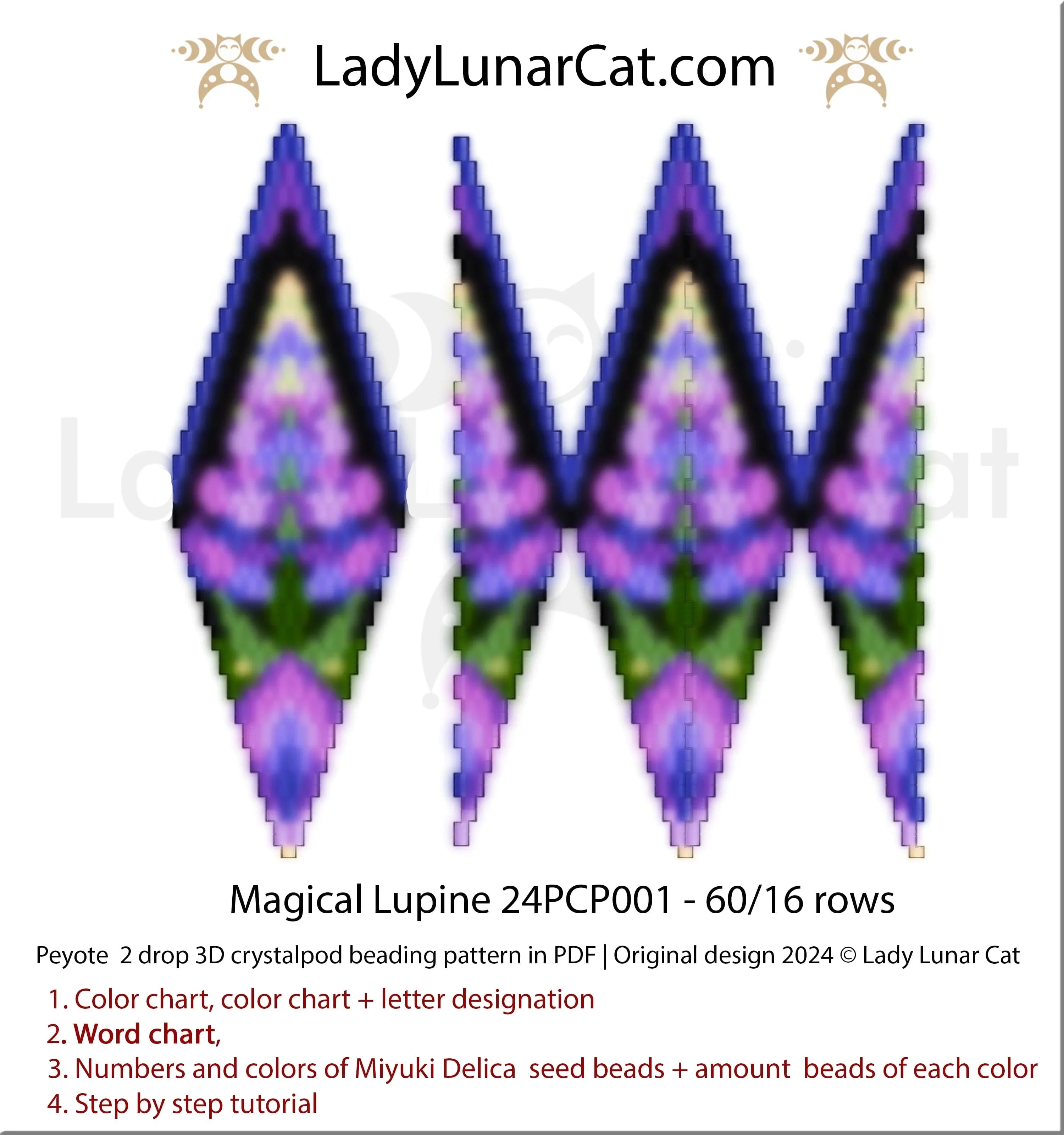 Lupine crystalpod beading pattern - peyote 2 drop 3D pod 60 beads Miyuki Delica LadyLunarCat