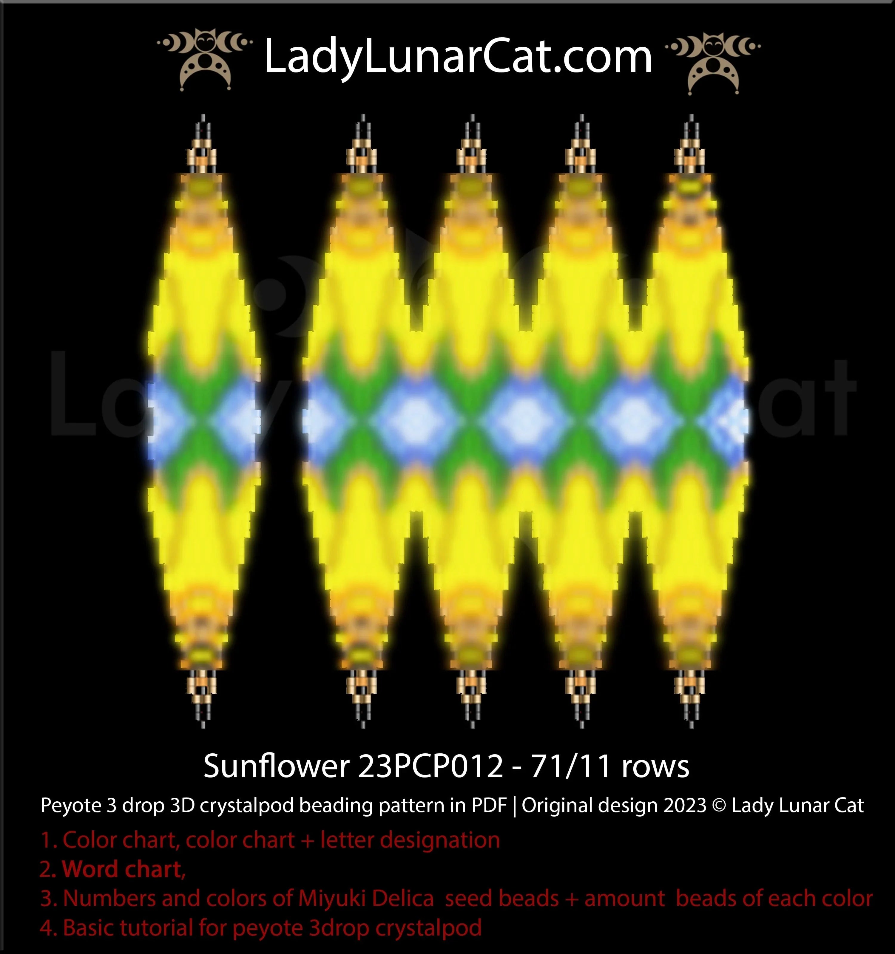 Sunflower peyote 3-drop crystalpod - 71 beads 9 colors 5-10 petals PDF LadyLunarCat
