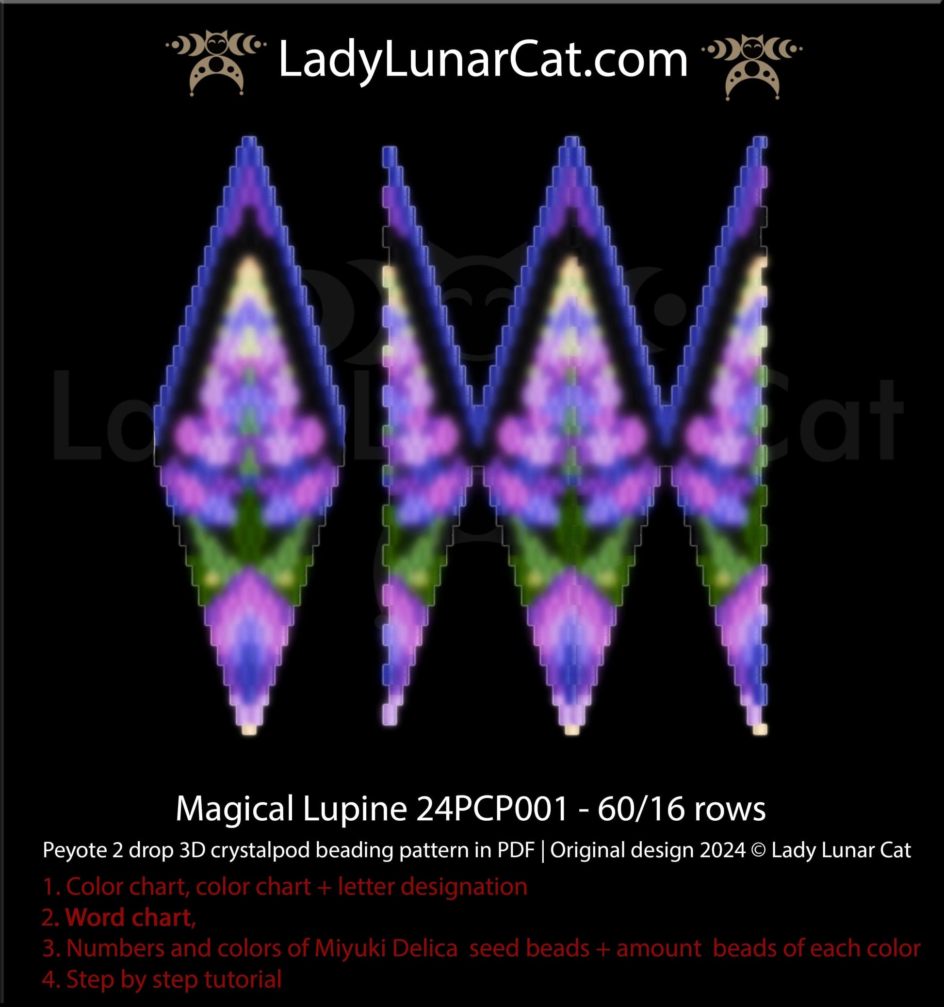 Peyote 2 drop pod pattern or crystalpod pattern for beading Magical Lupine 24PCP001 (Suitable for beginners) (Copy) LadyLunarCat