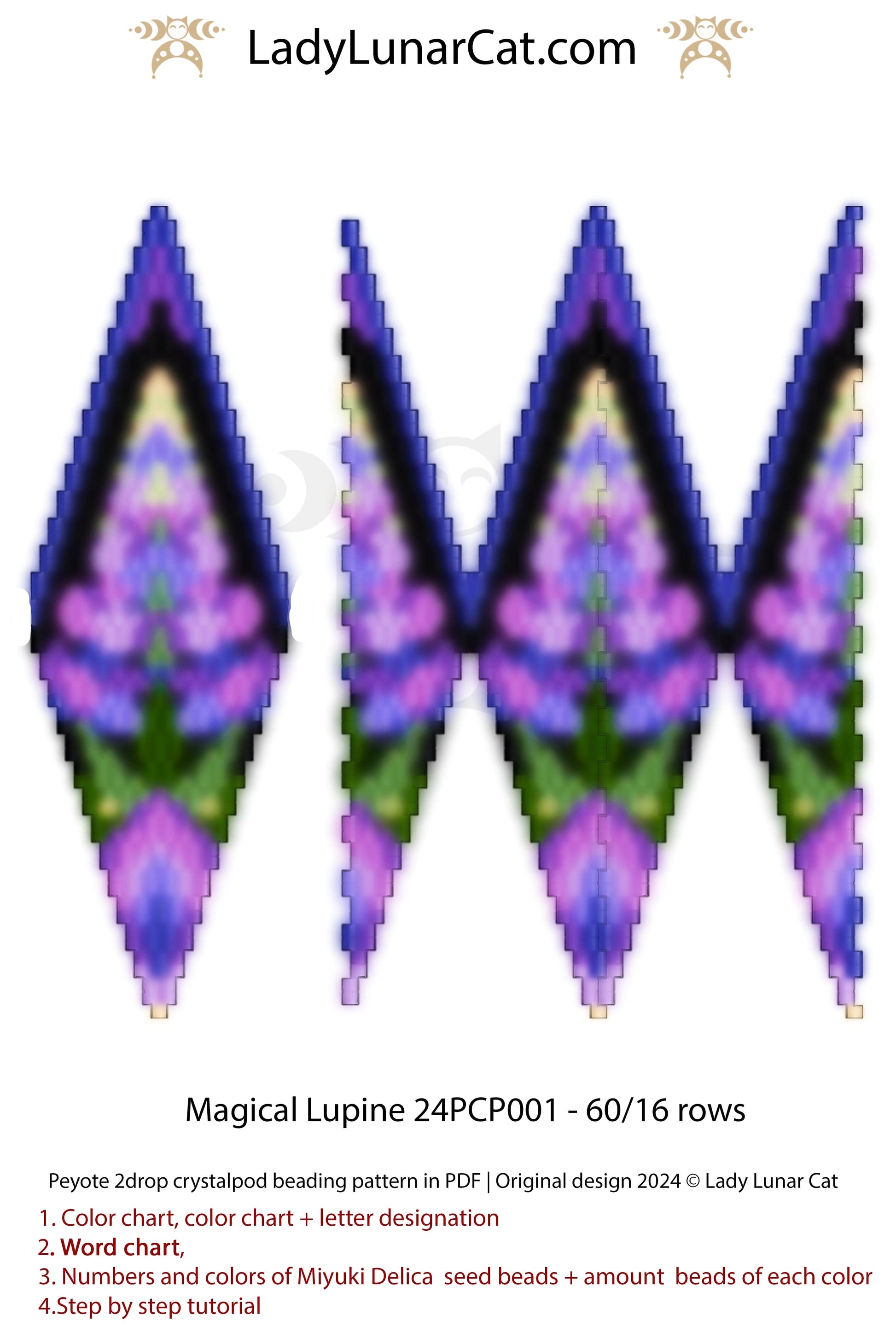 Peyote 2 drop pod pattern or crystalpod pattern for beading Magical Lupine 24PCP001 (Suitable for beginners) (Copy) LadyLunarCat