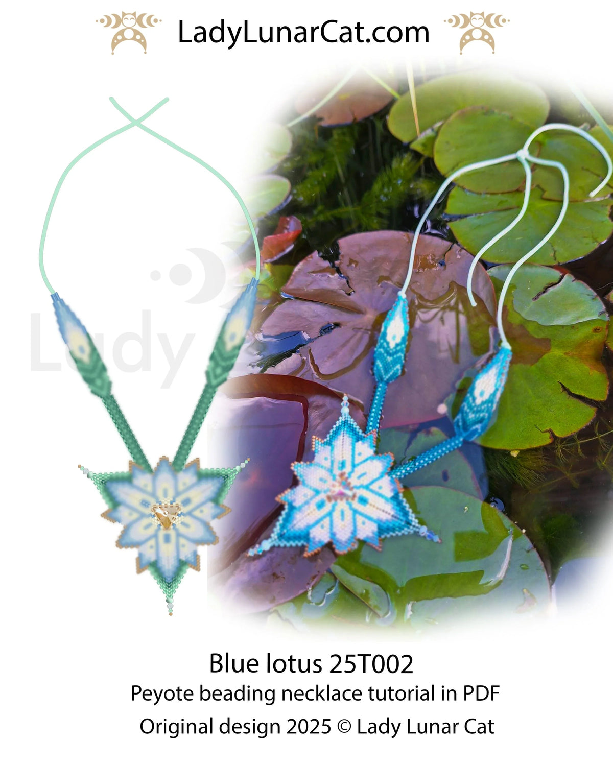 Blue Lotus necklace detail - peyote herringbone stitch lotus bloom close up LadyLunarCat