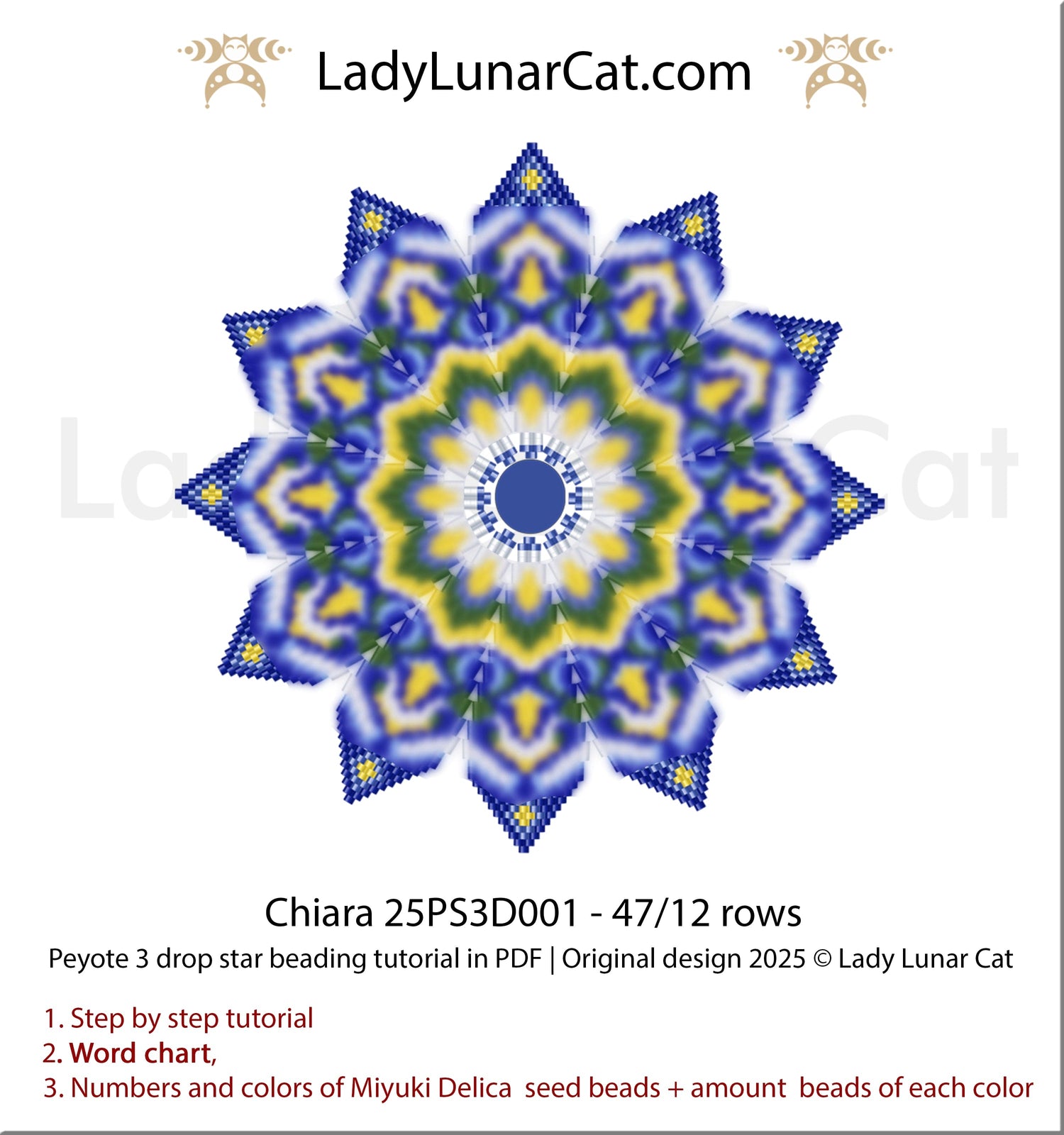 Blue peyote 3 drop star pattern for beading - Beginner-Friendly tutorial LadyLunarCat