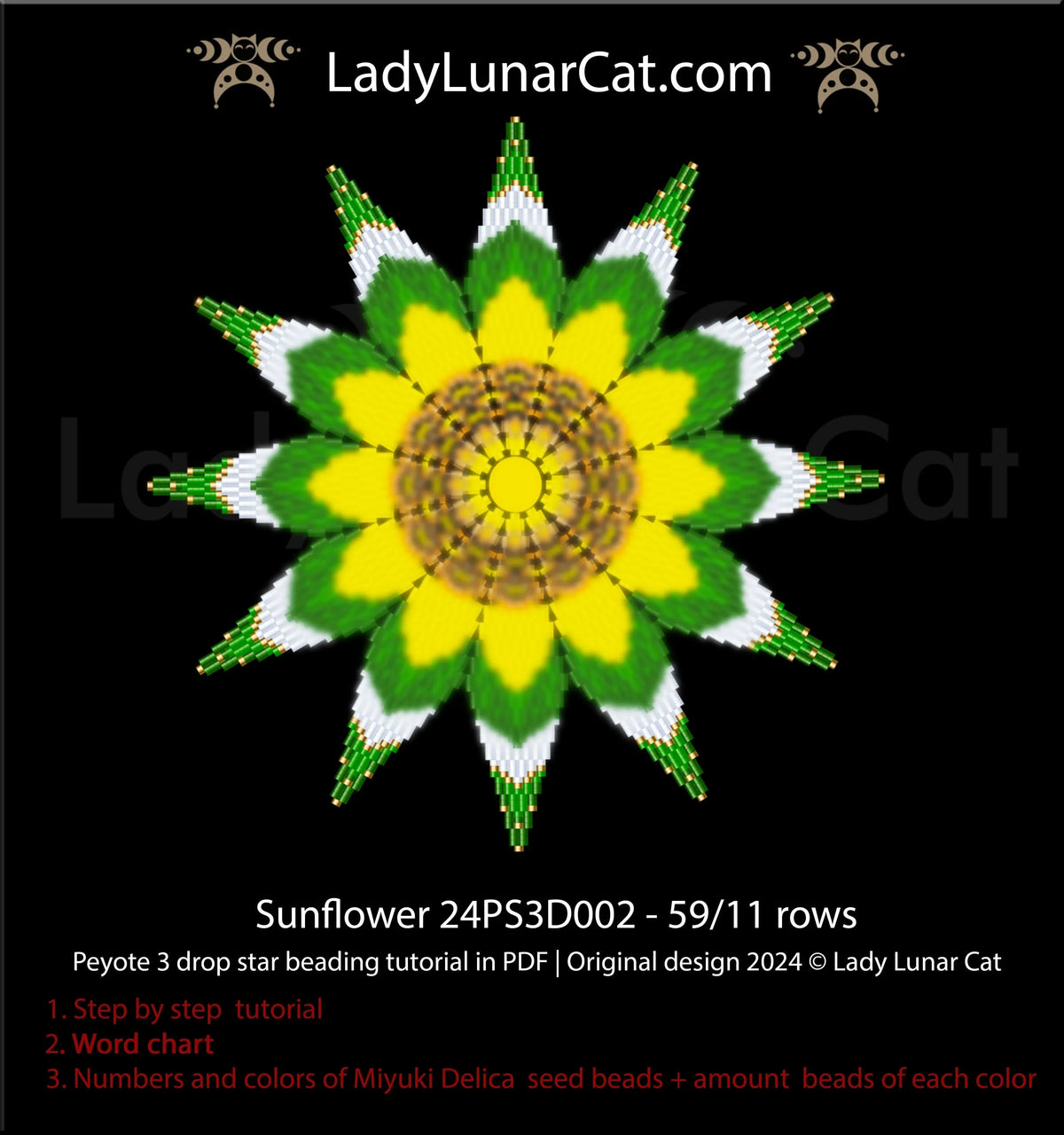 Sunflower seed bead star pattern - word chart and color legend PDF LadyLunarCat