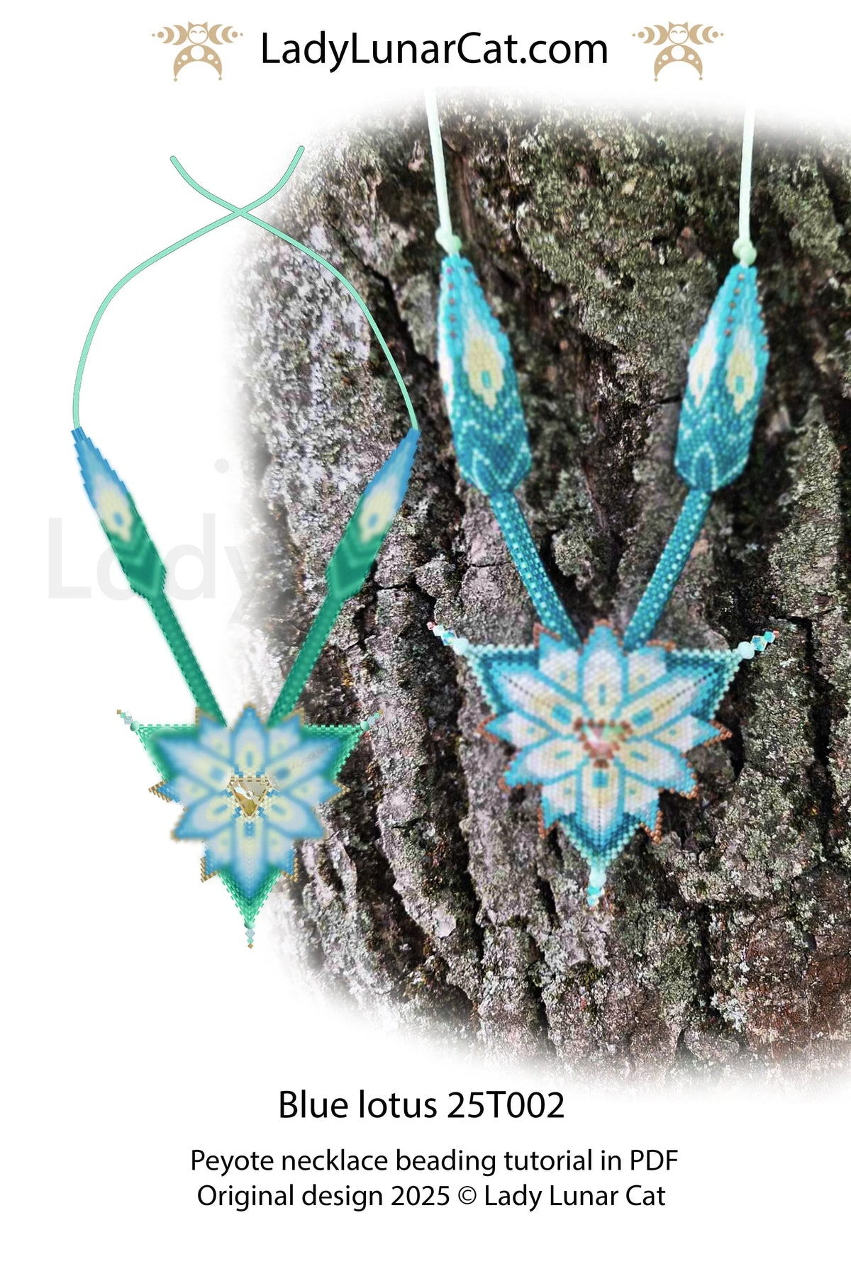 Blue Lotus beaded pendant - statement necklace 16 cm floral beading PDF LadyLunarCat