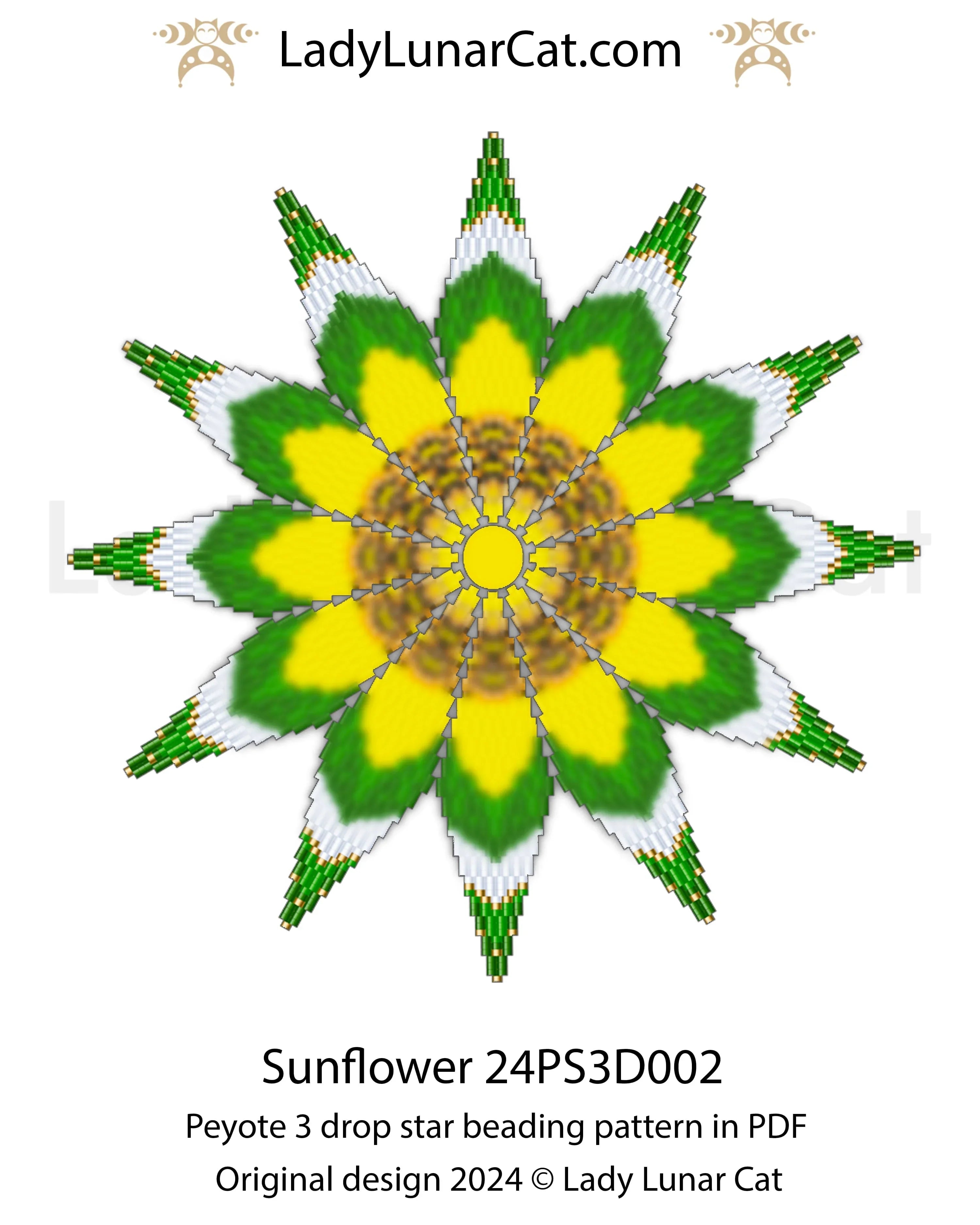 Sunflower beaded star pattern - peyote 3 drop star 11 rows beginner PDF LadyLunarCat