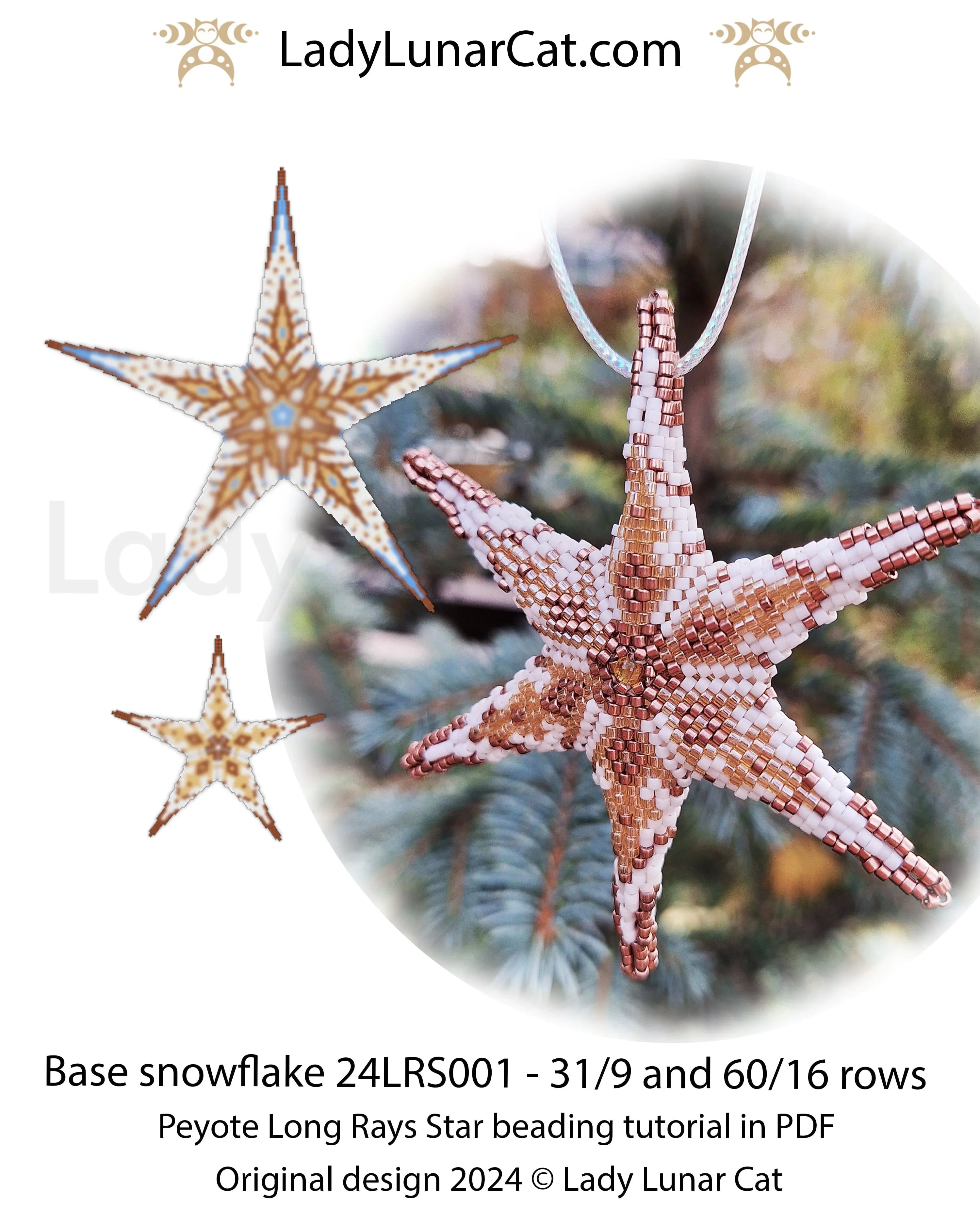 Long Rays Star large size - Base Snowflake 60 beads 16 rows peyote PDF LadyLunarCat