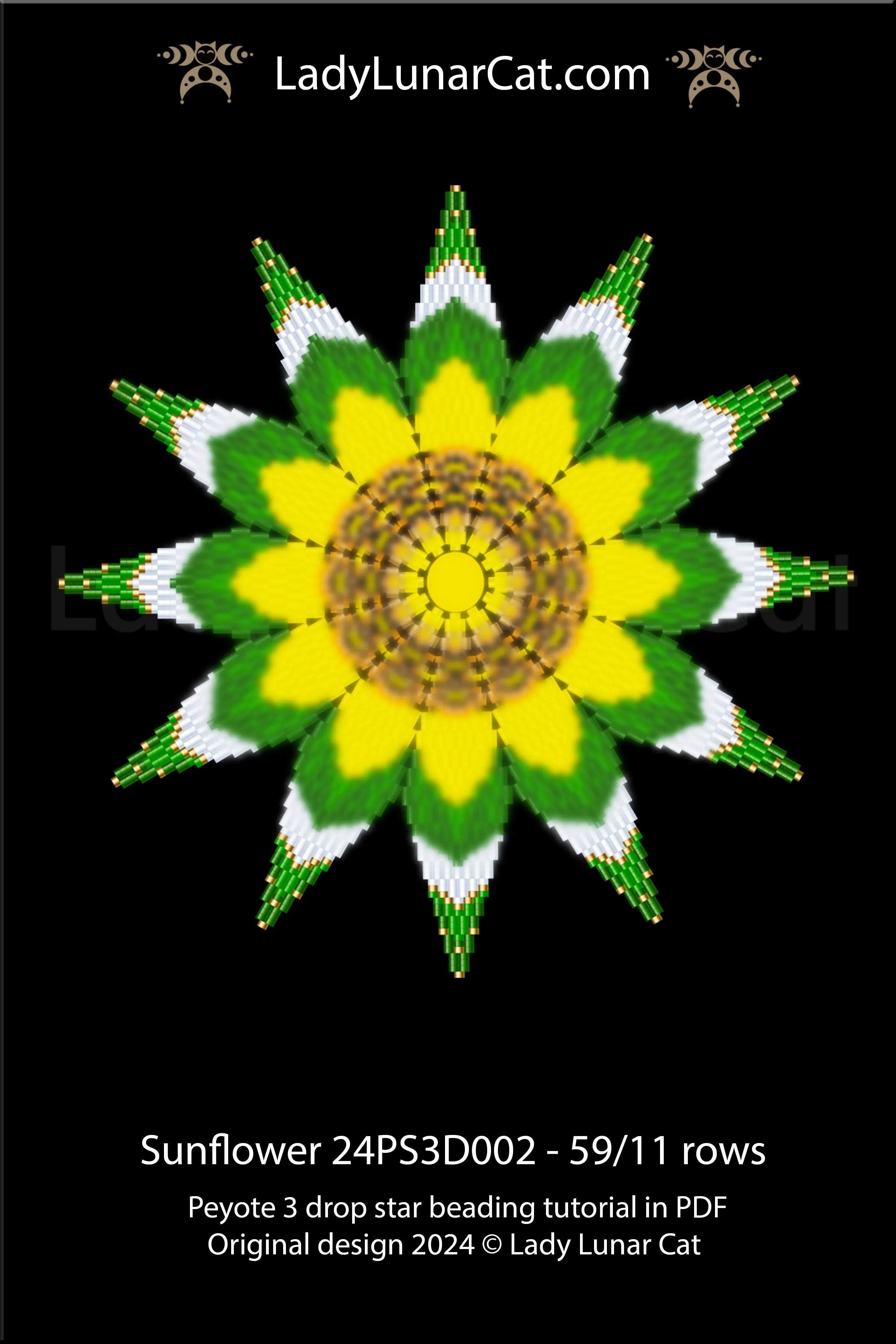 Sunflower beaded star ornament - floral peyote 3 drop instant download LadyLunarCat