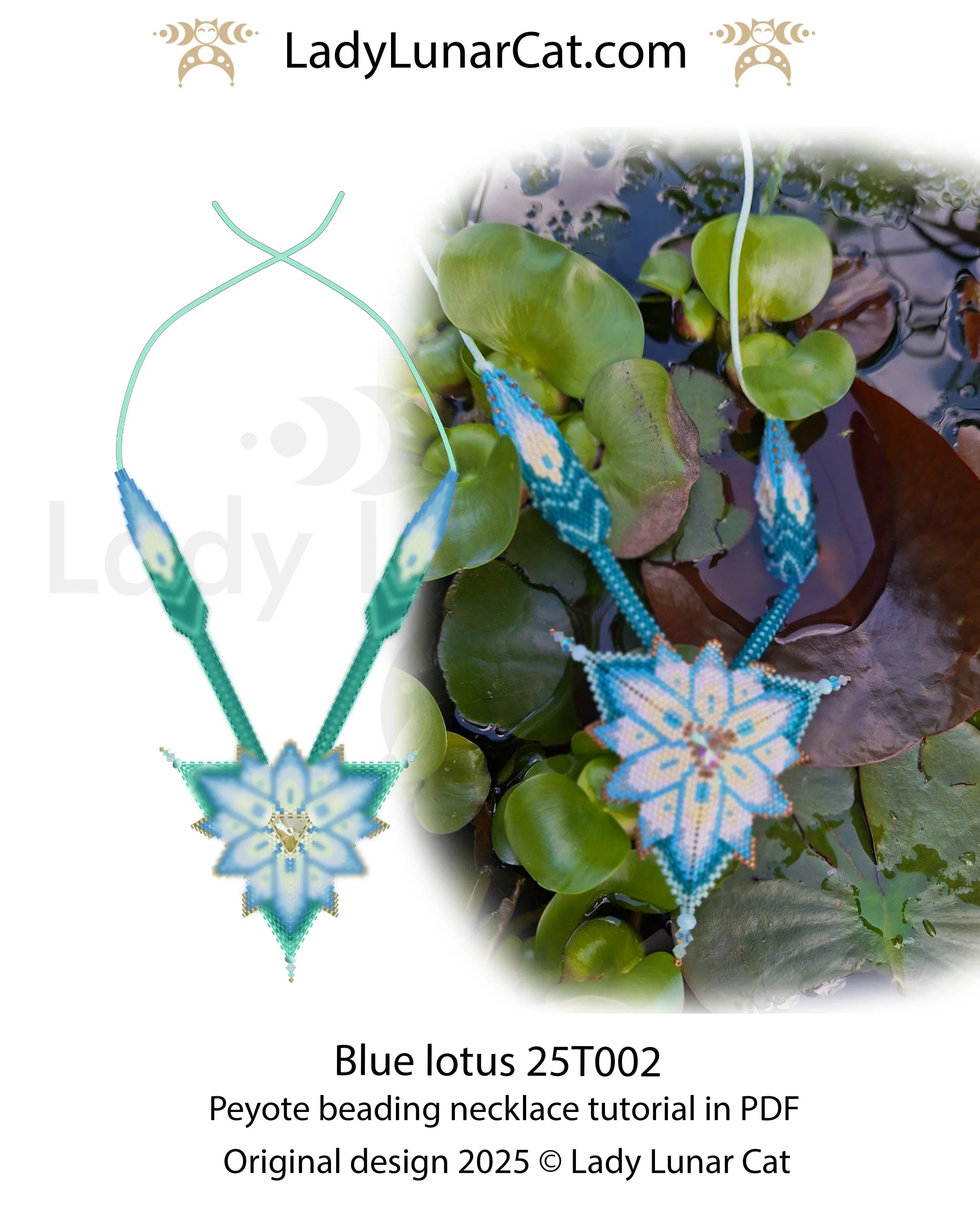 Blue Lotus beaded necklace full view - 7 colors Miyuki Delica floral design LadyLunarCat