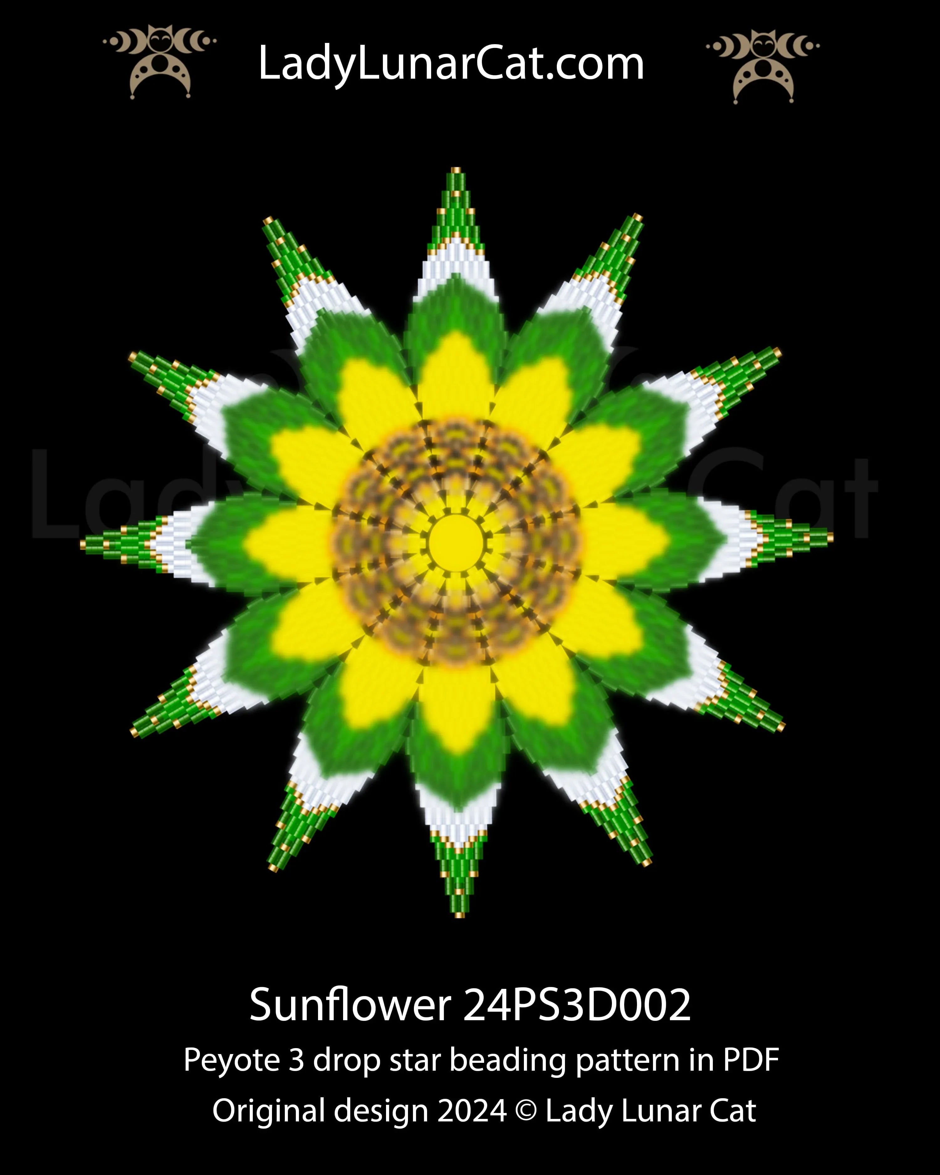 Sunflower 3D beaded star - peyote 3 drop floral pattern PDF instant download LadyLunarCat

