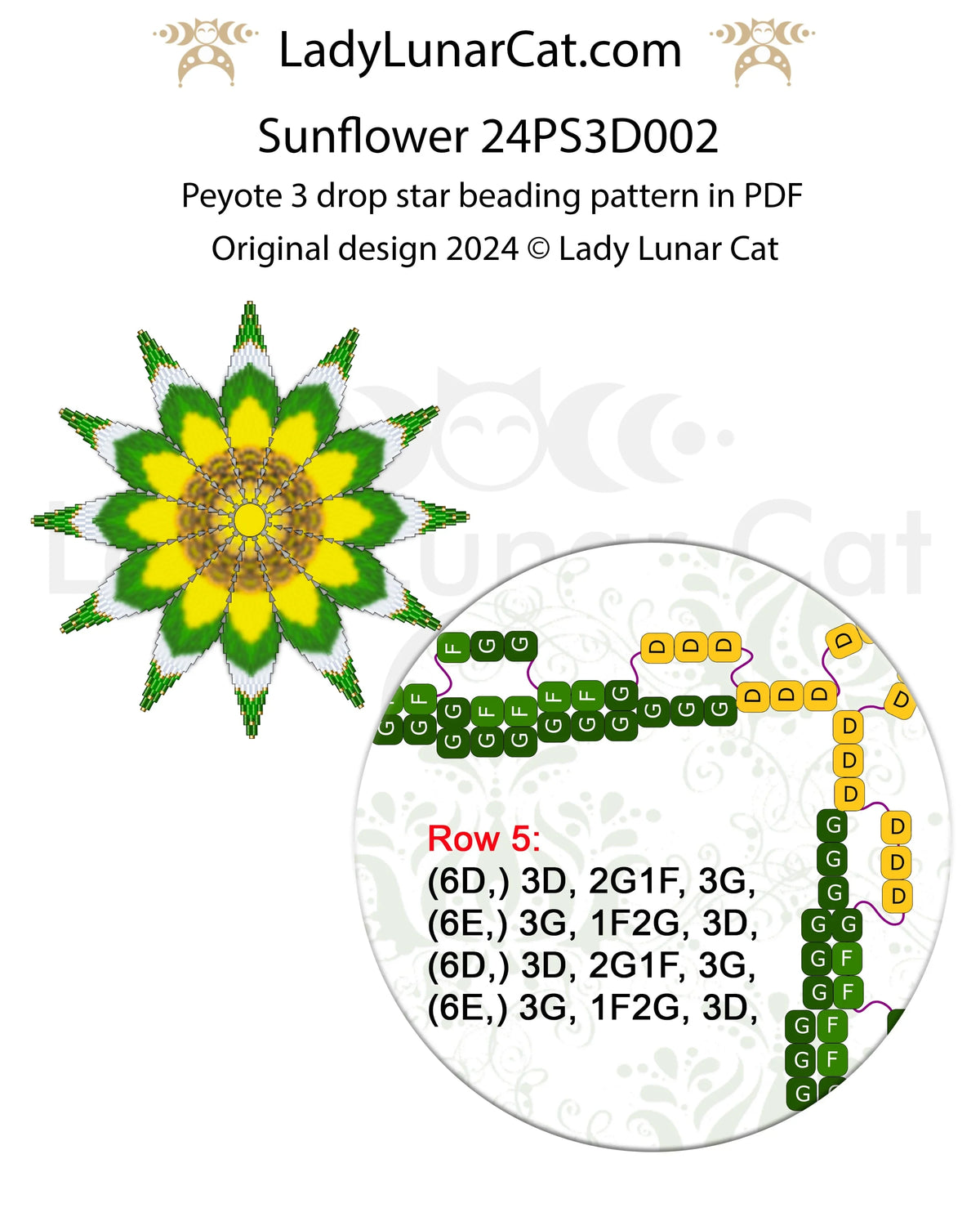 Sunflower beaded star detail - peyote 3 drop 59 beads summer beading PDF LadyLunarCat