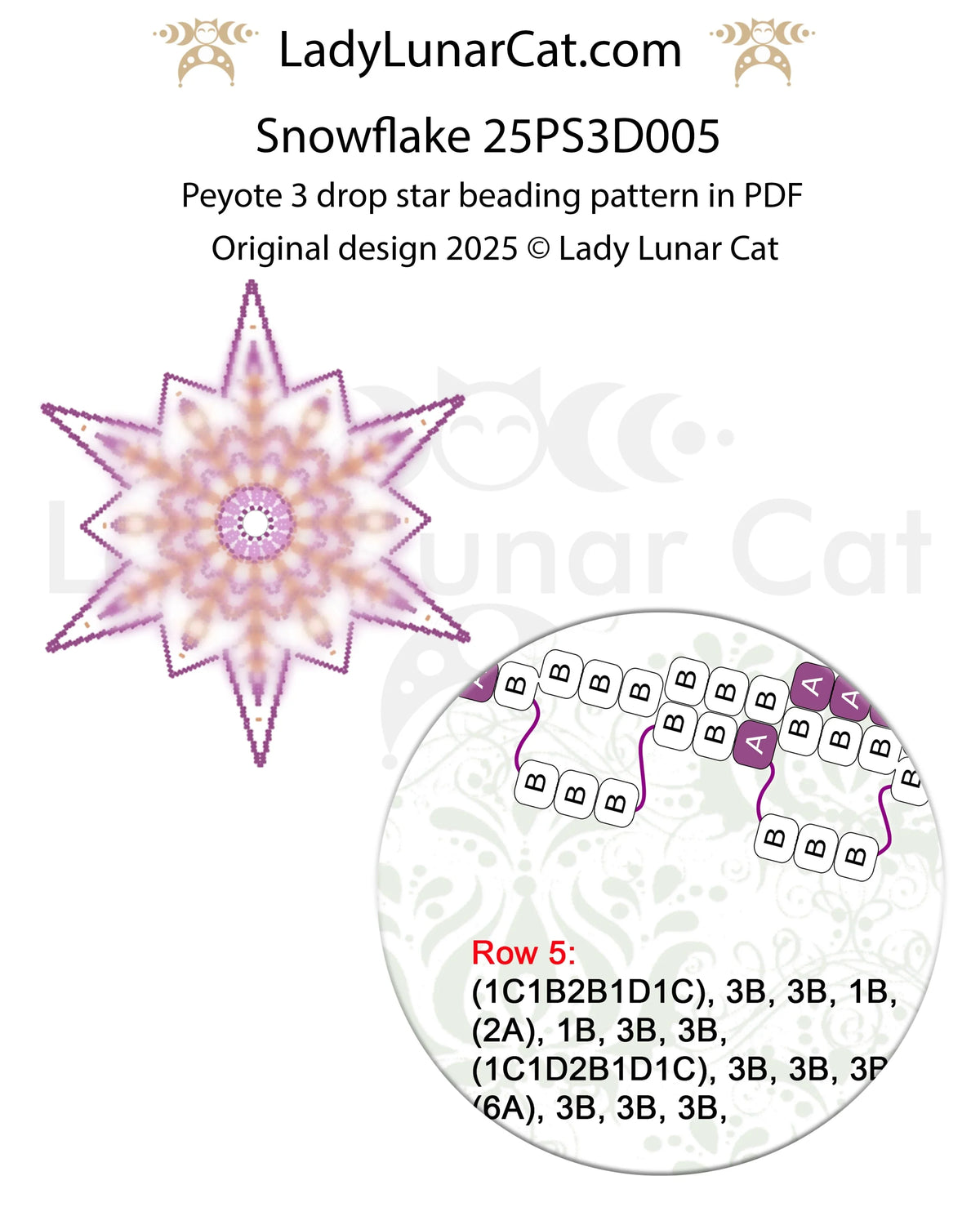 Snowflake peyote 3 drop star full view - crisp winter design 4 colors Miyuki Delica LadyLunarCat
