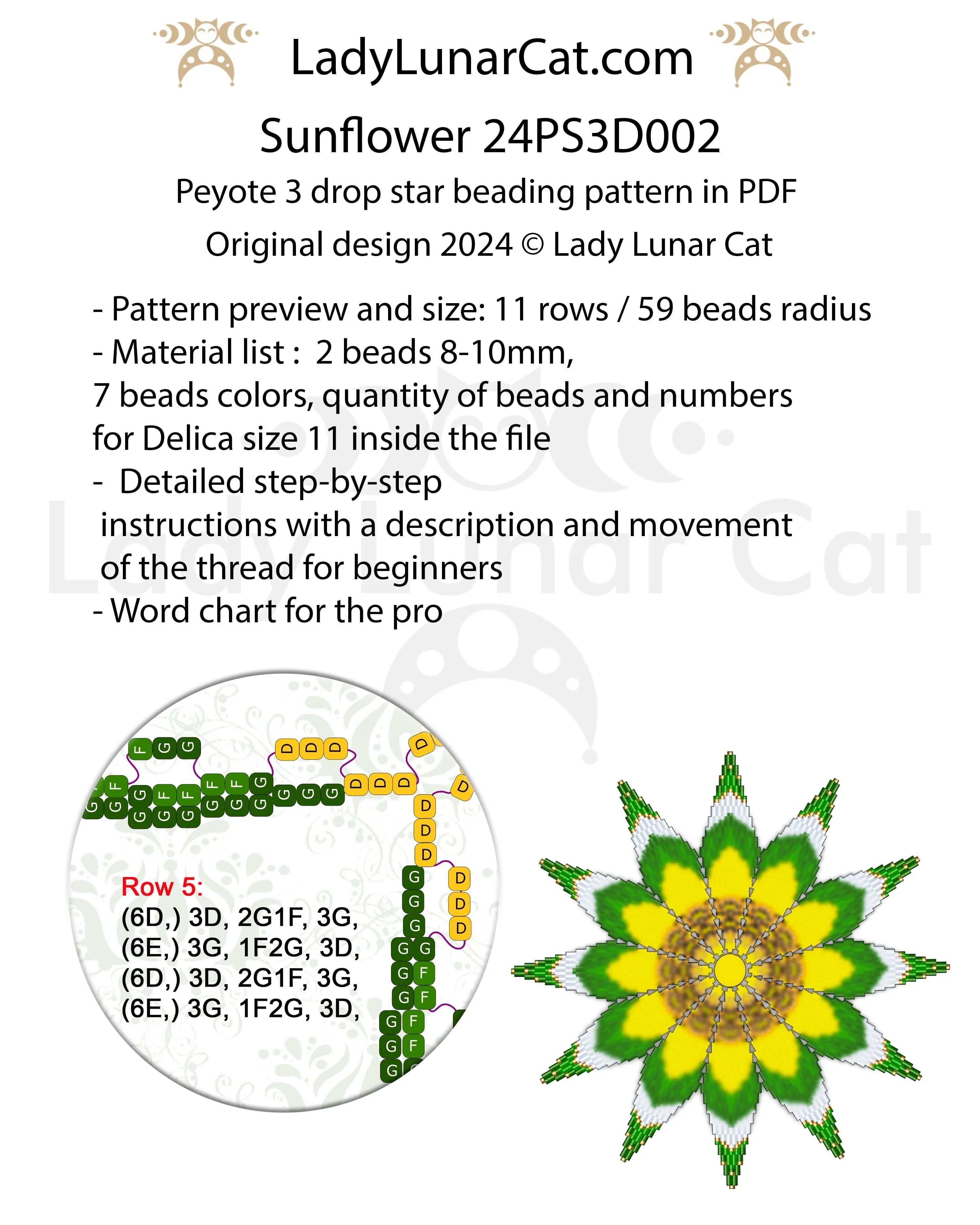 Peyote 3 drop star pattern Sunflower - full view beginner tutorial included LadyLunarCat