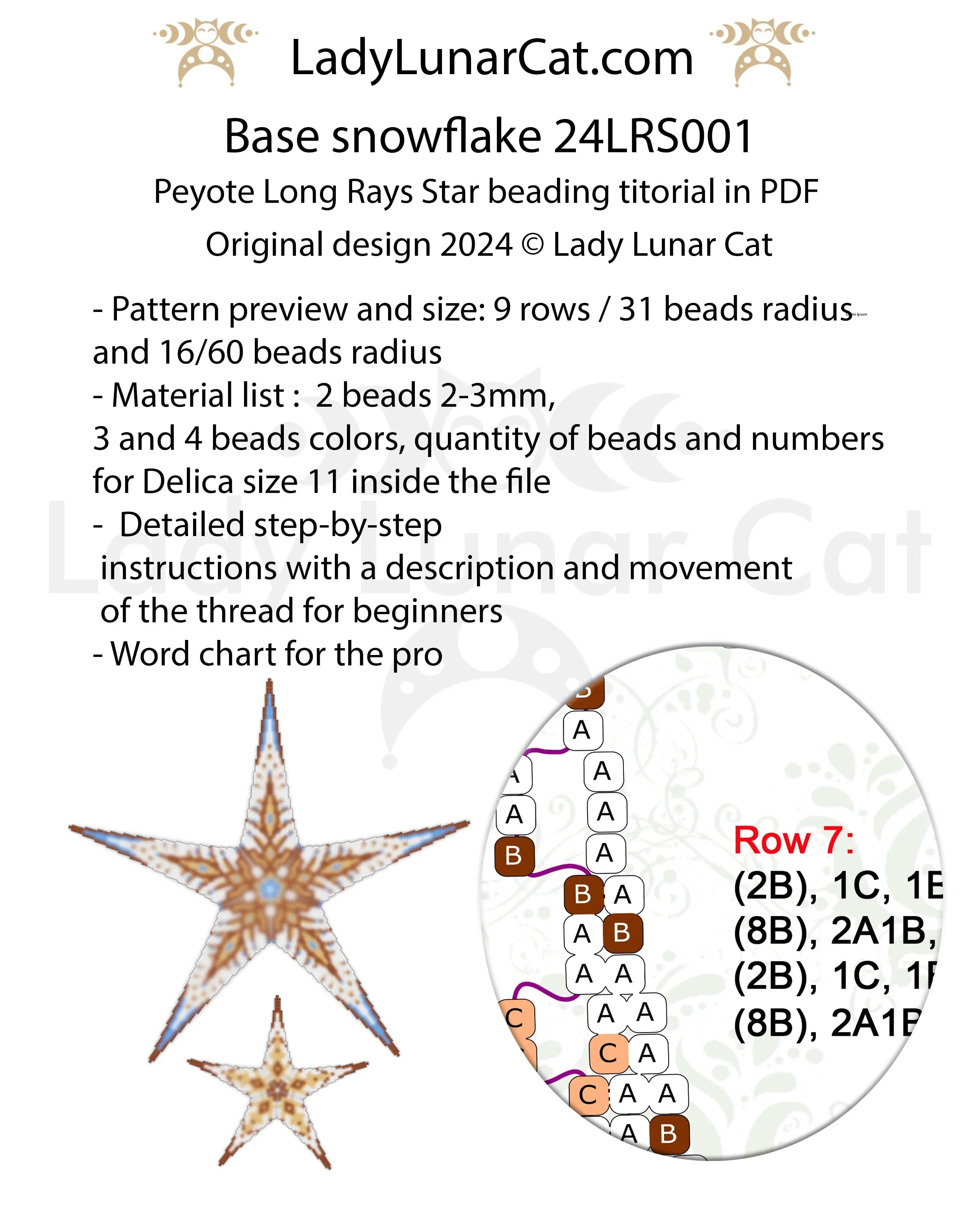 Base Snowflake Long Rays Star detail - new peyote technique 3 drop Miyuki Delica LadyLunarCat