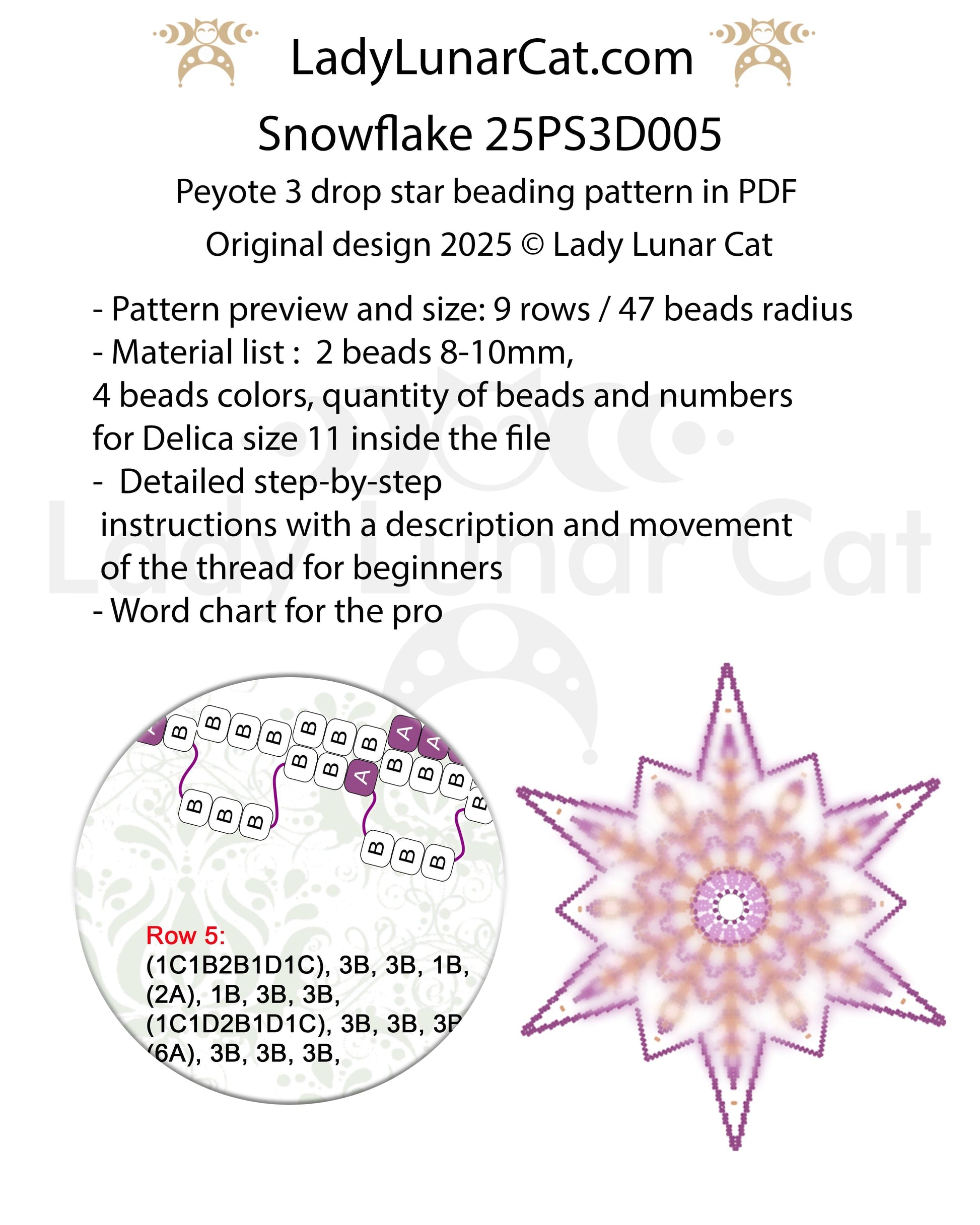 Snowflake peyote 3 drop star pattern for beading - Beginner-Friendly tutorial LadyLunarCat