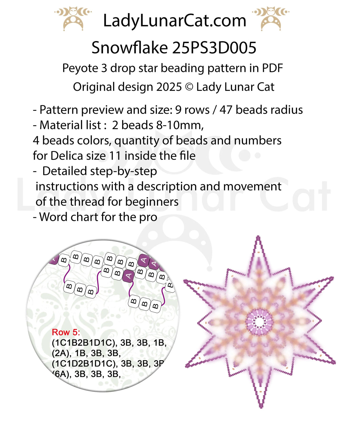 Snowflake beaded star graph - peyote 3 drop pattern chart detail PDF LadyLunarCat