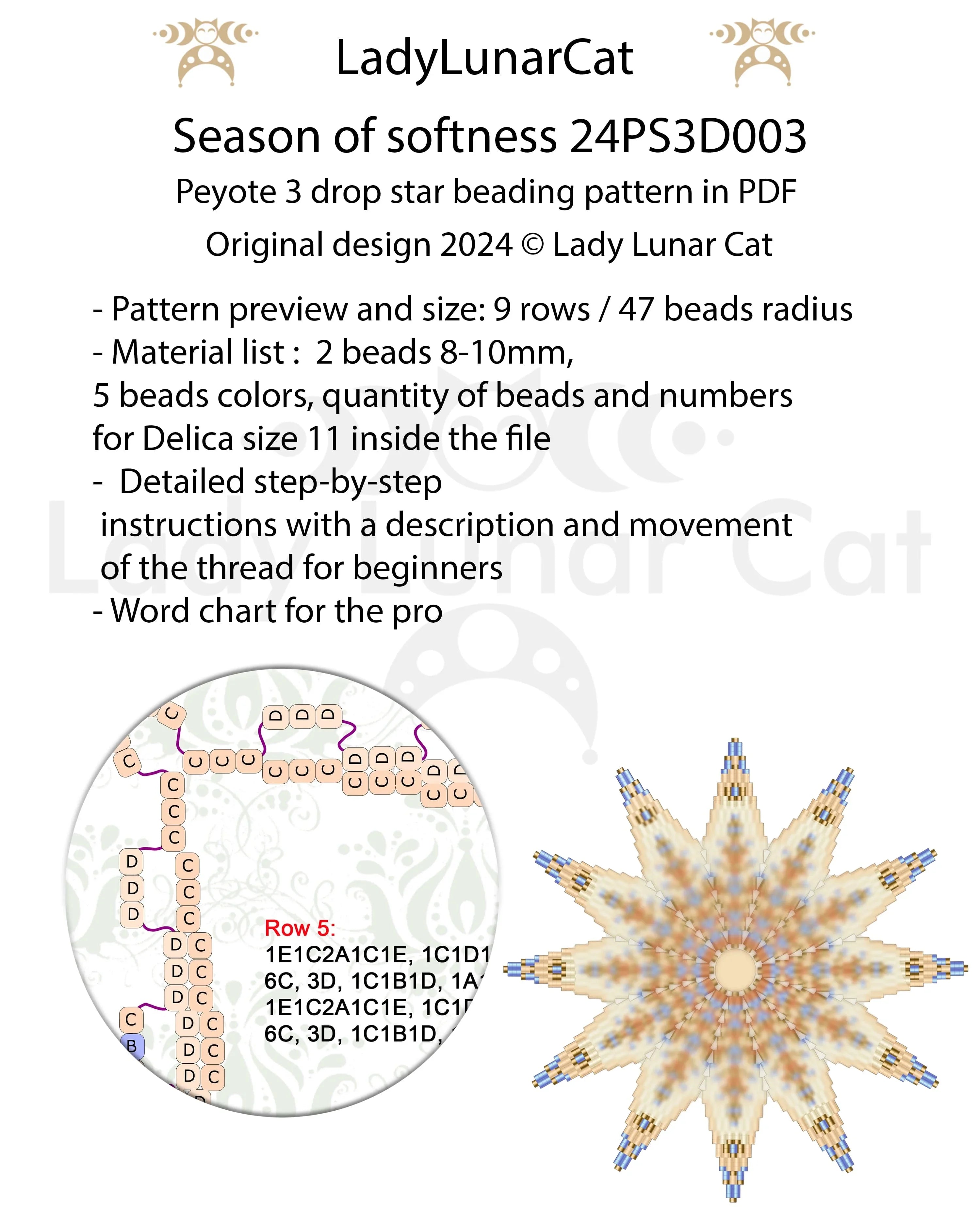 Season of Softness beaded star ornament - winter christmas peyote 3 drop PDF LadyLunarCat