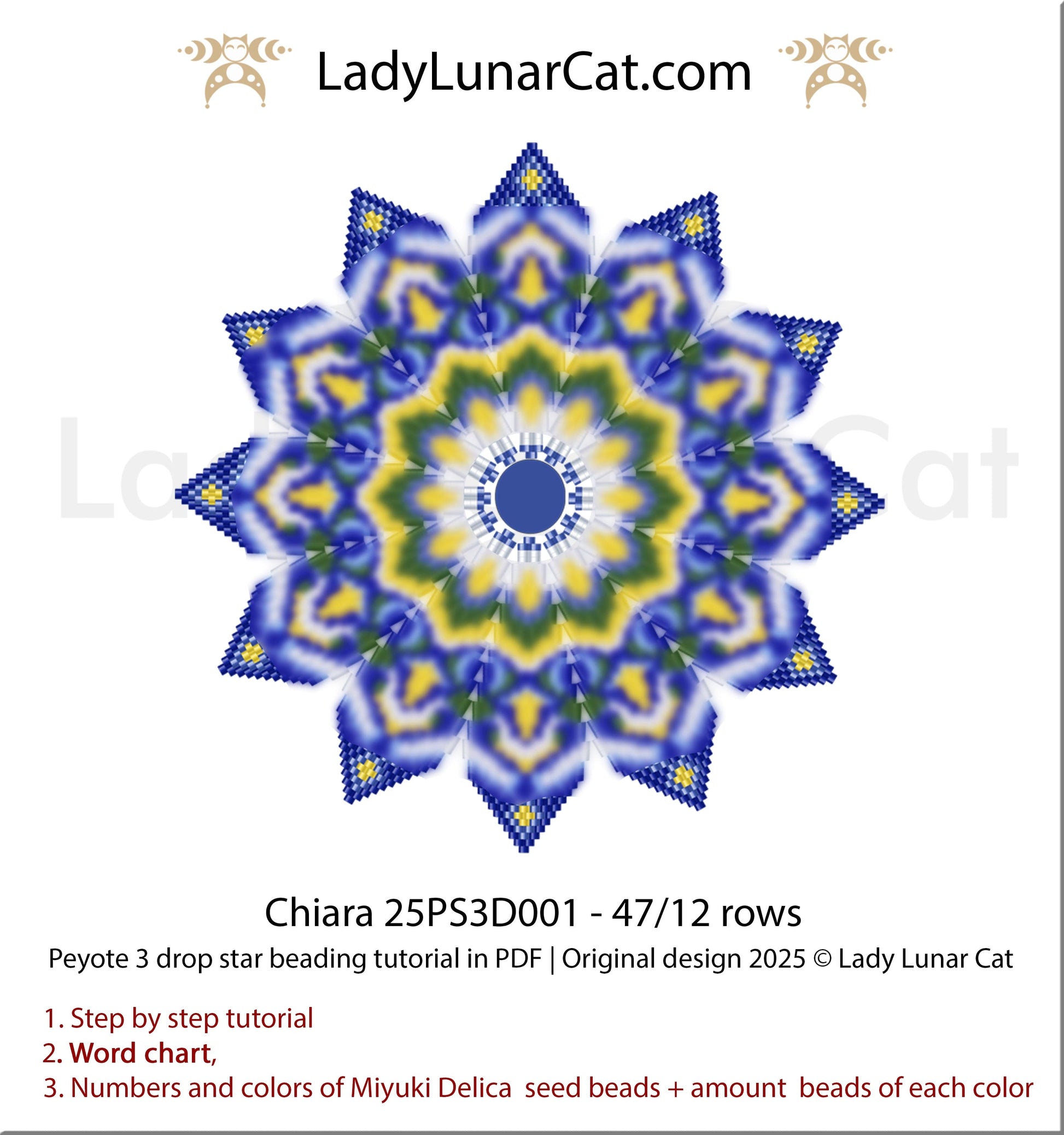 Blue peyote 3 drop star pattern for beading - Beginner-Friendly tutorial LadyLunarCat