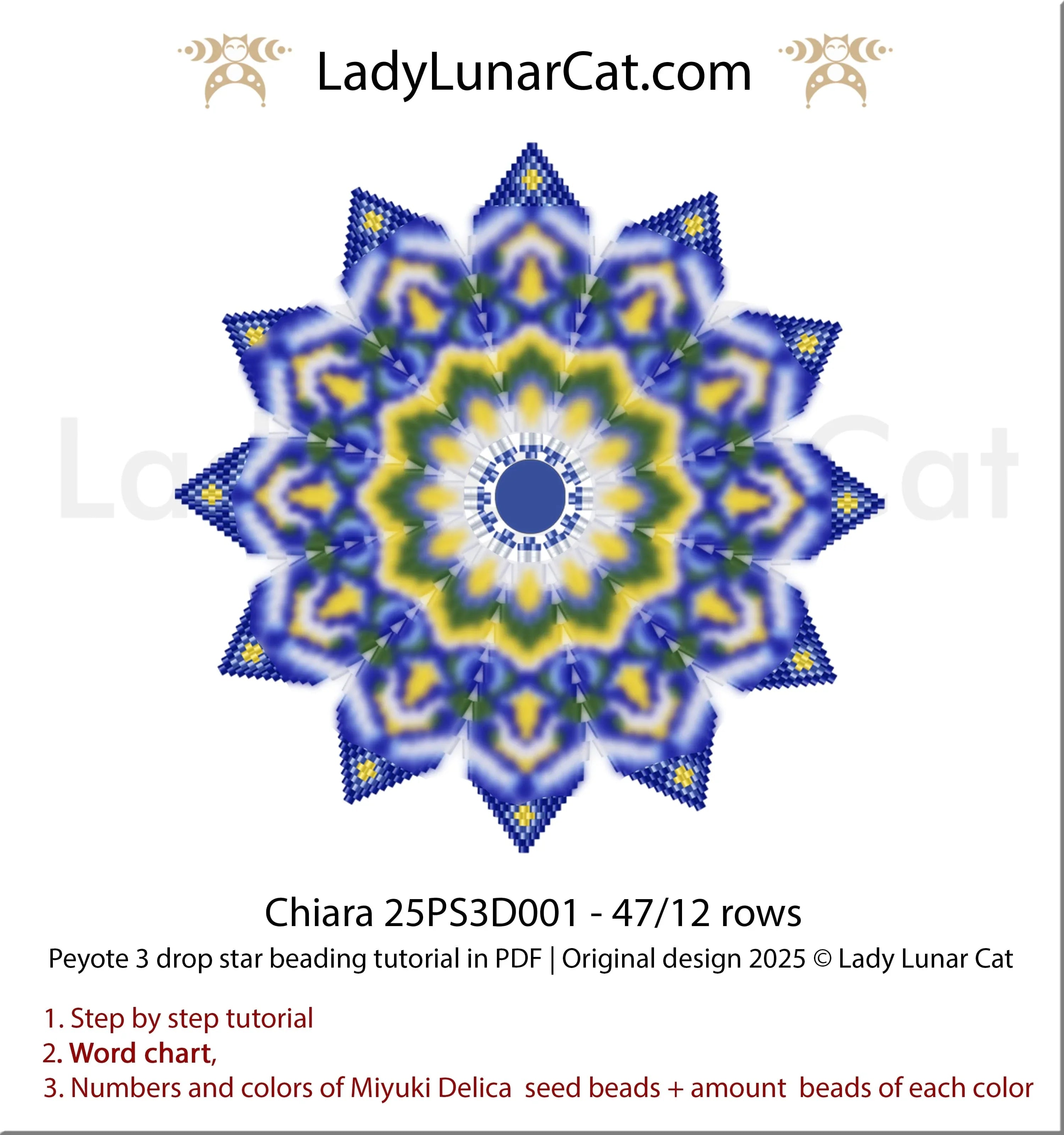 Chiara Mediterranean peyote star colorway 1 - blue folk art Miyuki Delica beginner LadyLunarCat