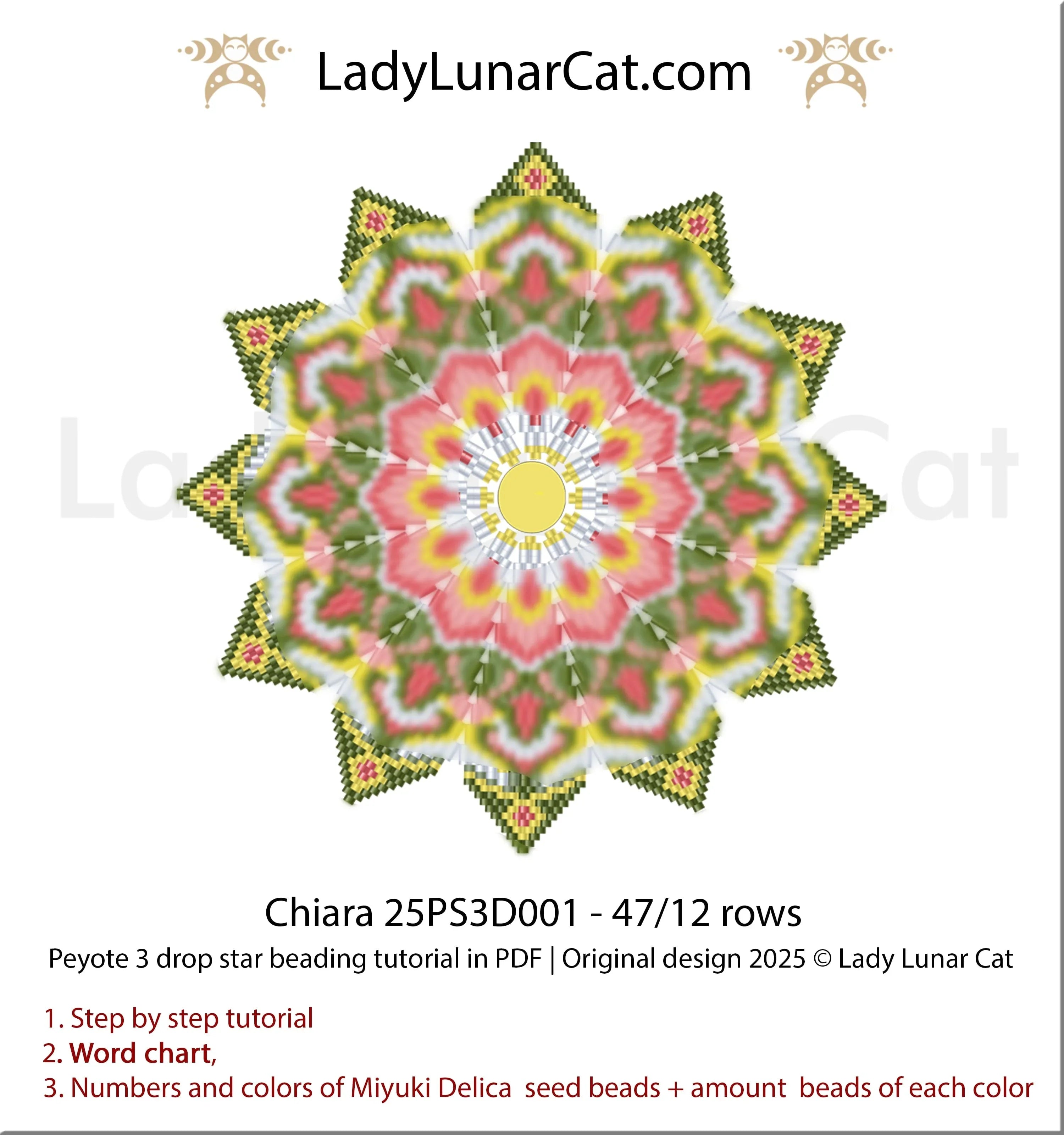 Chiara peyote 3 drop star colorway 2 - geometric folk pattern 12 rows PDF LadyLunarCat