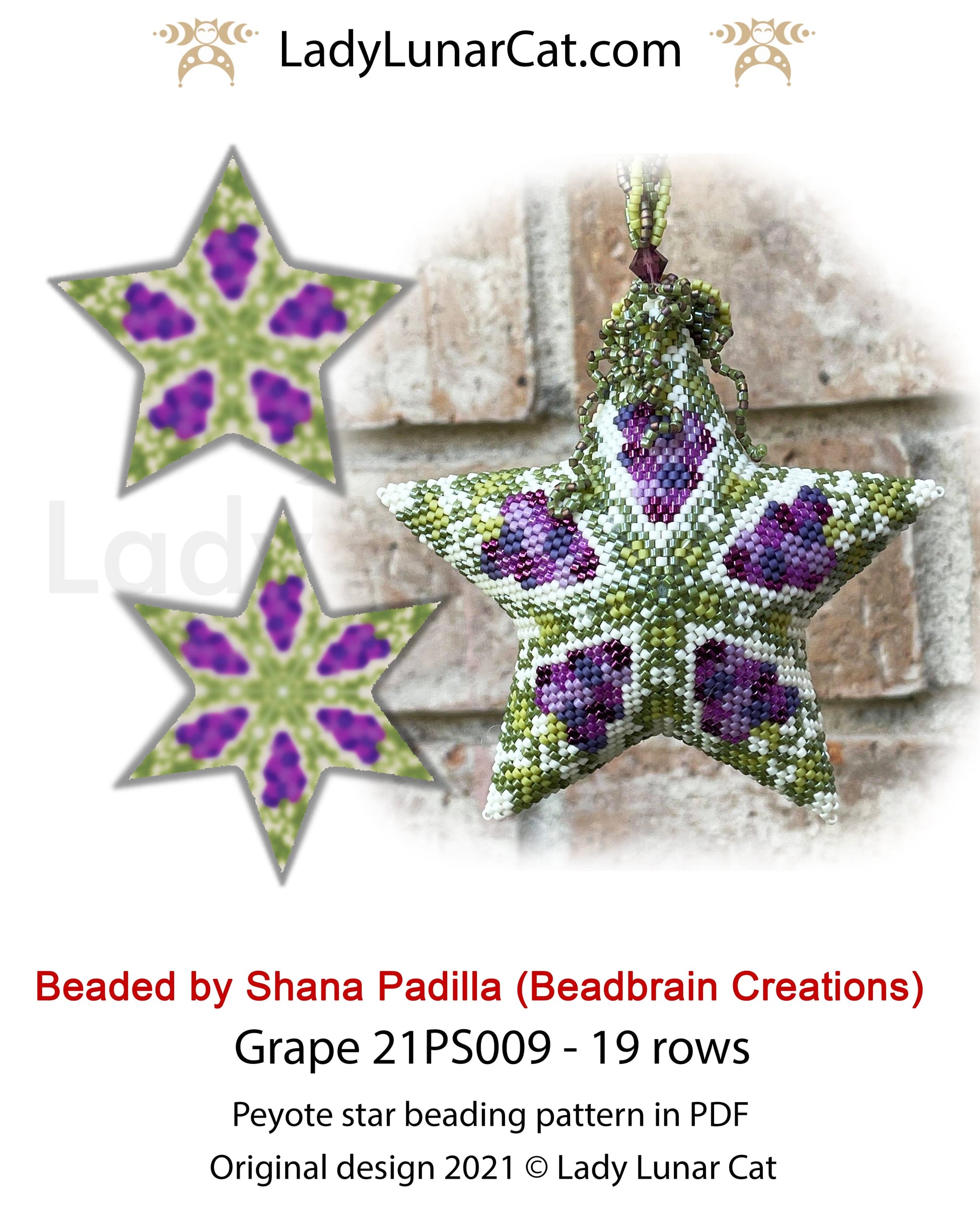 Beaded star pattern - Grape 21PS009 | Seed beads tutorial for 3D peyote star LadyLunarCat