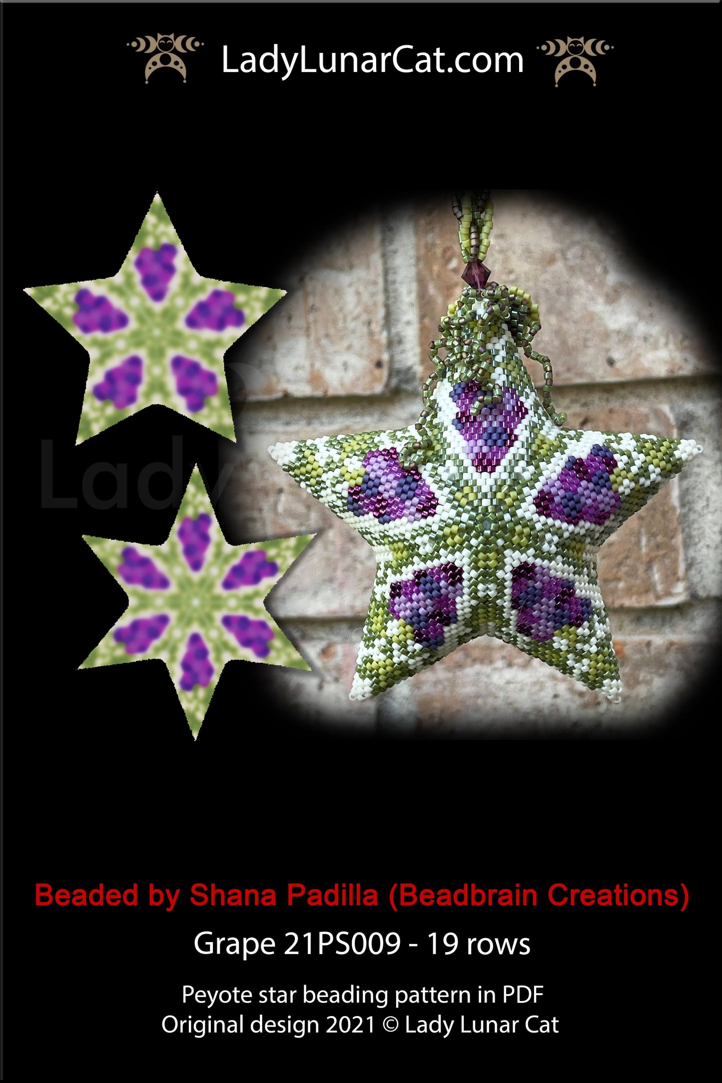 Beaded star pattern - Grape 21PS009 | Seed beads tutorial for 3D peyote star LadyLunarCat