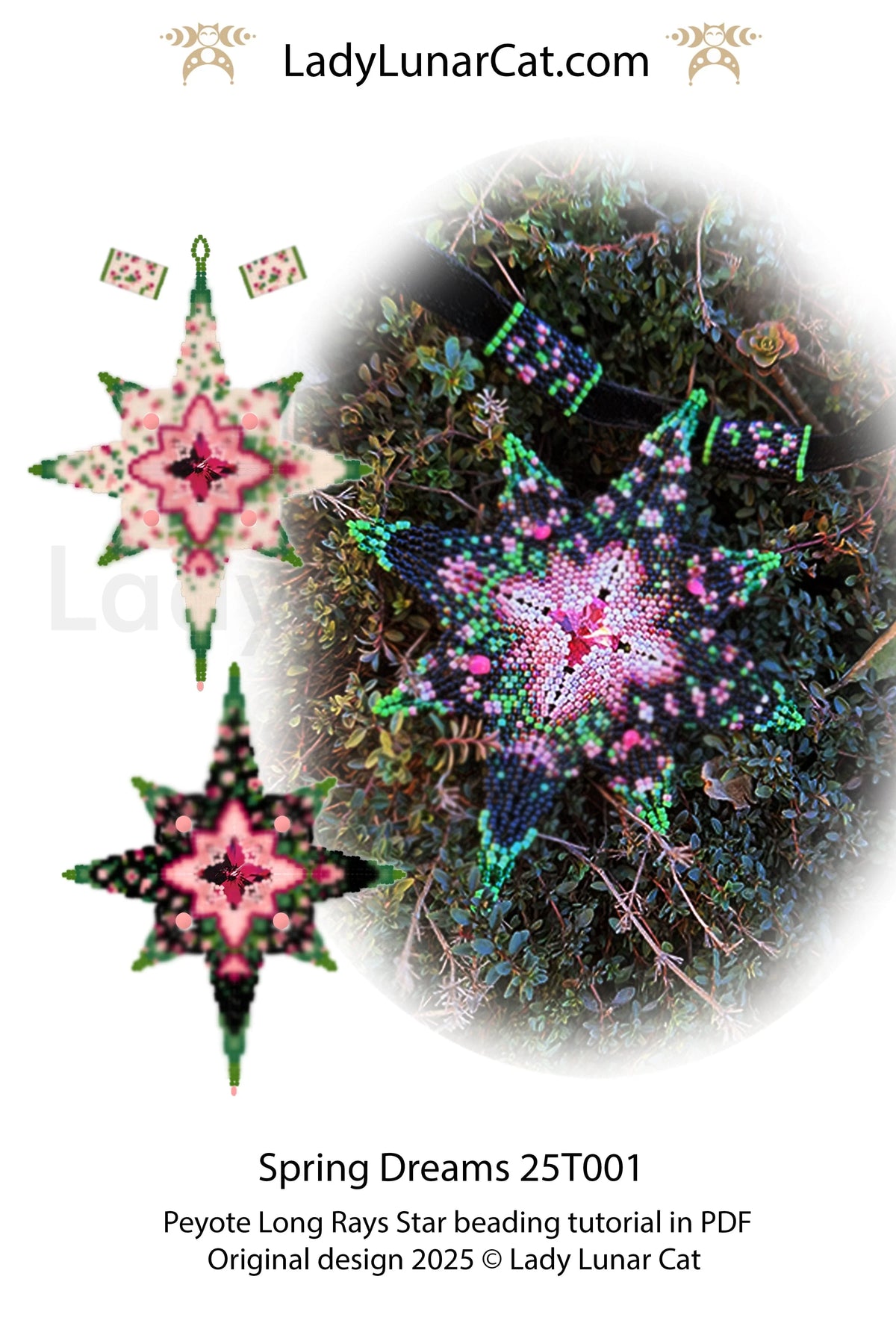 Spring Dreams peyote star colorway 11 - 3D floral star ornament PDF LadyLunarCat