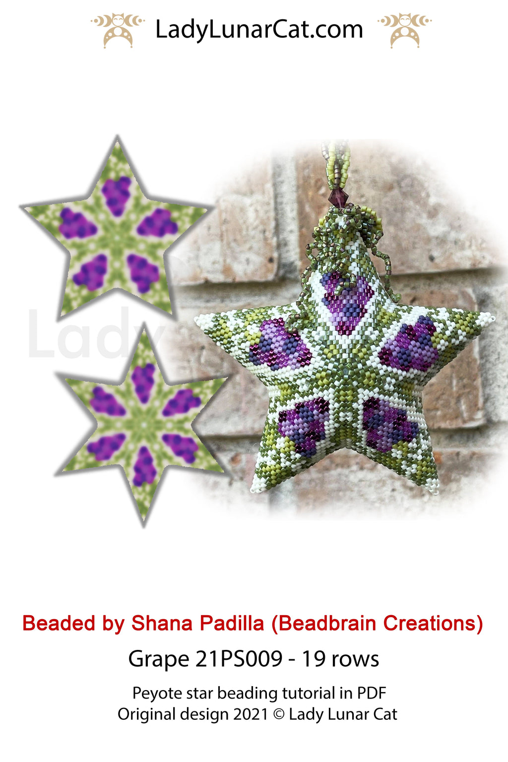 Beaded star pattern - Grape 21PS009 | Seed beads tutorial for 3D peyote star LadyLunarCat