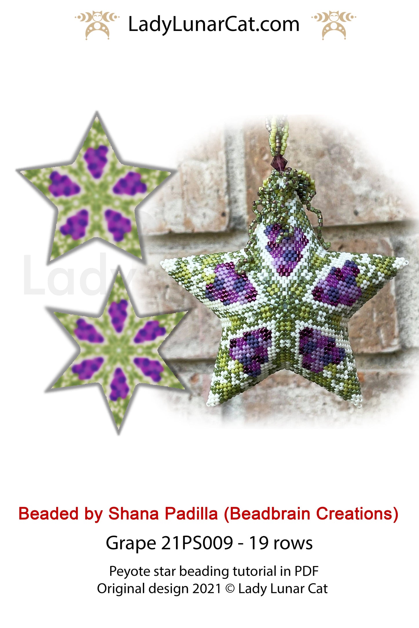 Beaded star pattern - Grape 21PS009 | Seed beads tutorial for 3D peyote star LadyLunarCat