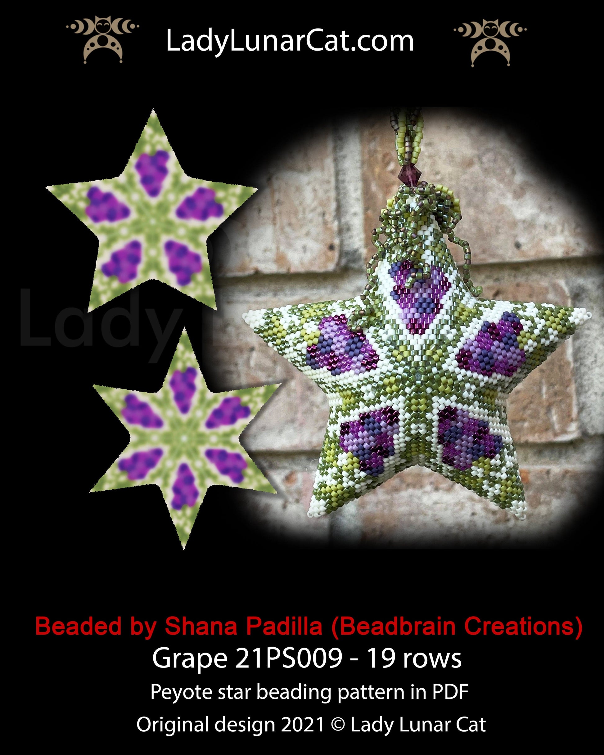 Beaded star pattern - Grape 21PS009 | Seed beads tutorial for 3D peyote star LadyLunarCat