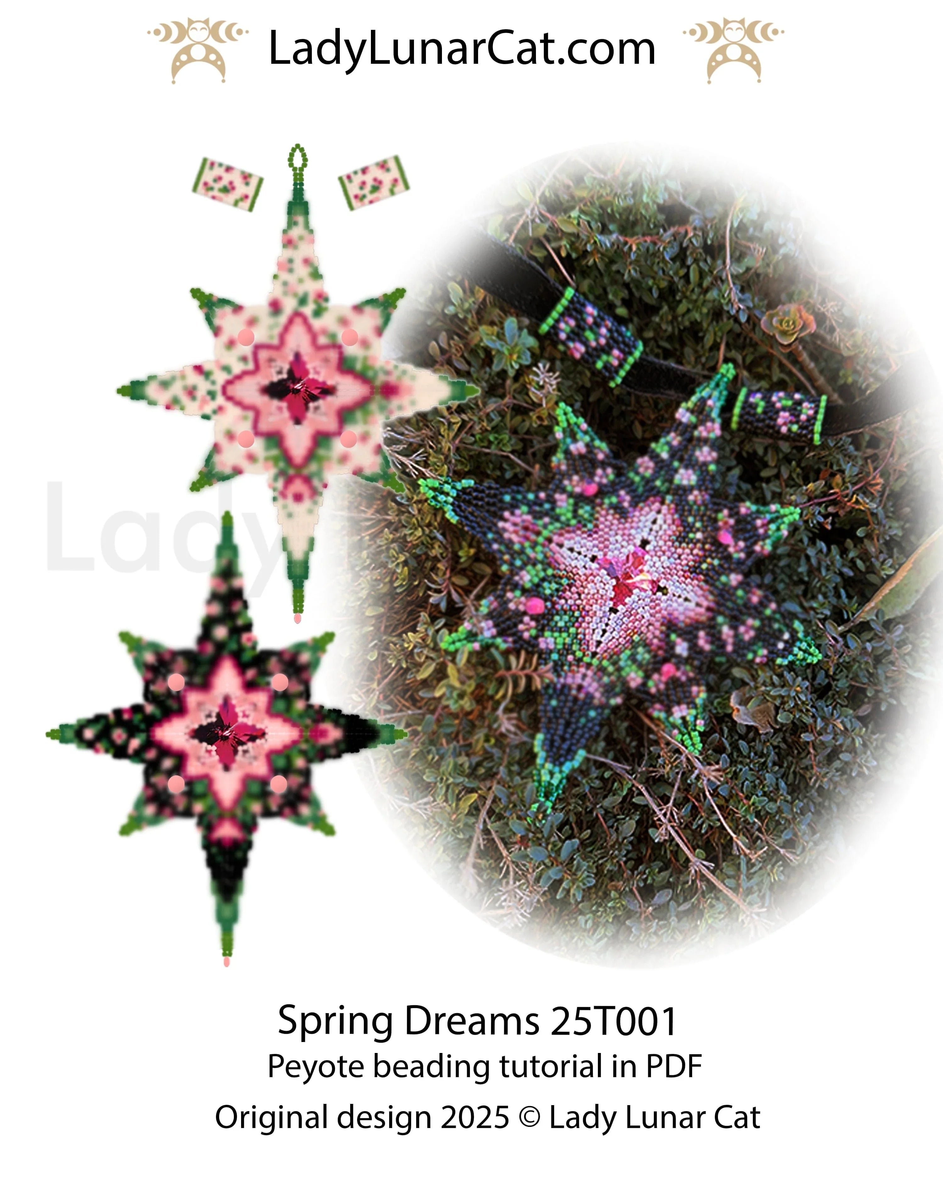 Spring Dreams peyote star tutorial - floral rose 3D star pendant beginner PDF LadyLunarCat
