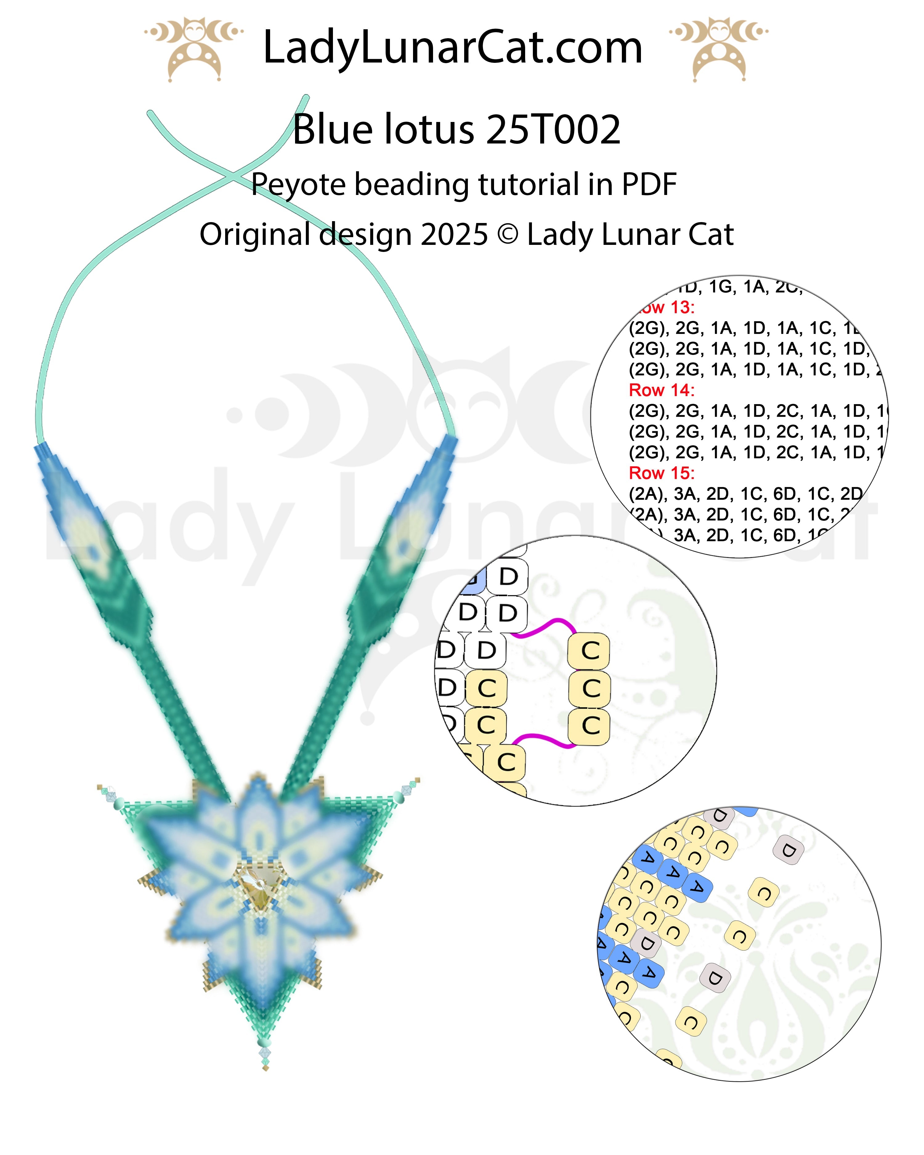 Blue Lotus bead weaving pattern — floral pendant design, peyote herringbone stitch, instant download PDF