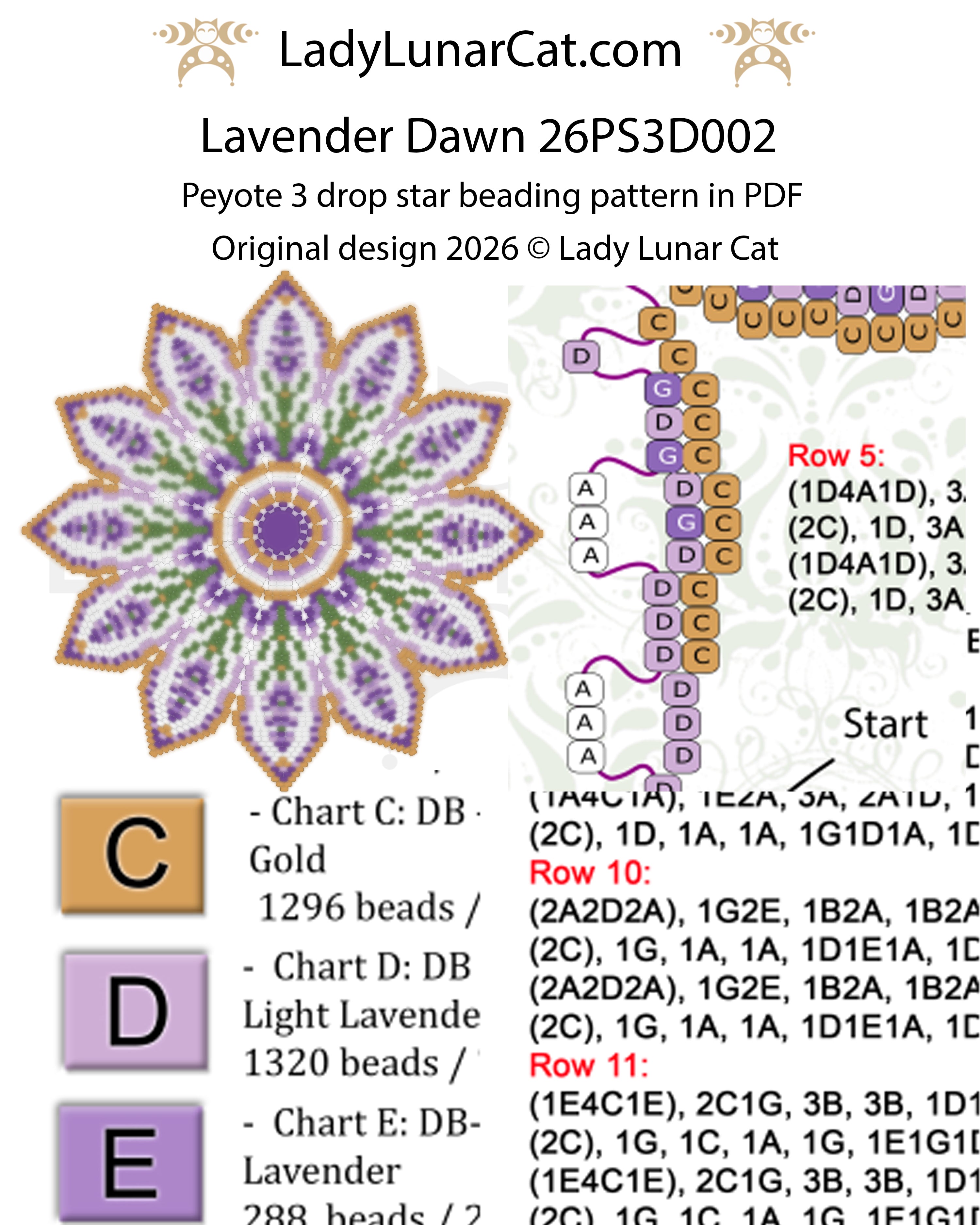 Lavender Dawn Peyote 3-Drop Star Tutorial PDF | 12 cm, 12 Rows, 6 Colors LadyLunarCat