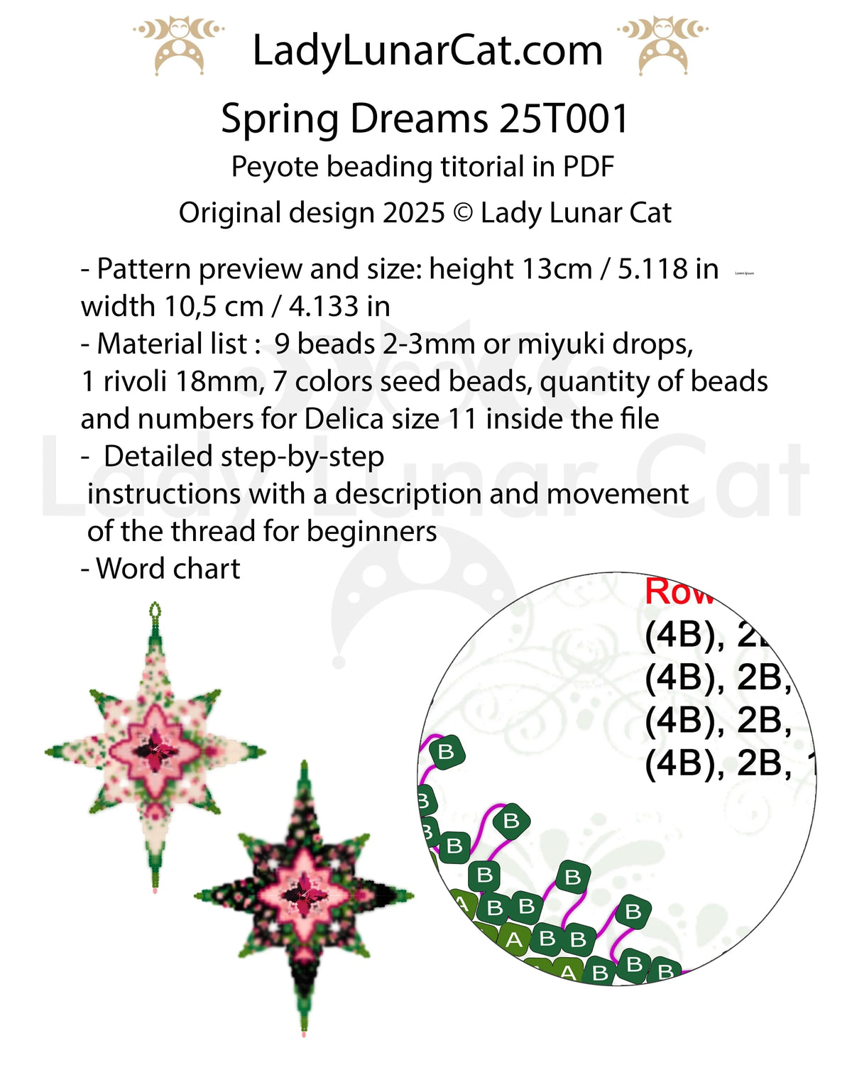 Spring Dreams beaded star tutorial page - illustrated peyote stitch guide LadyLunarCat