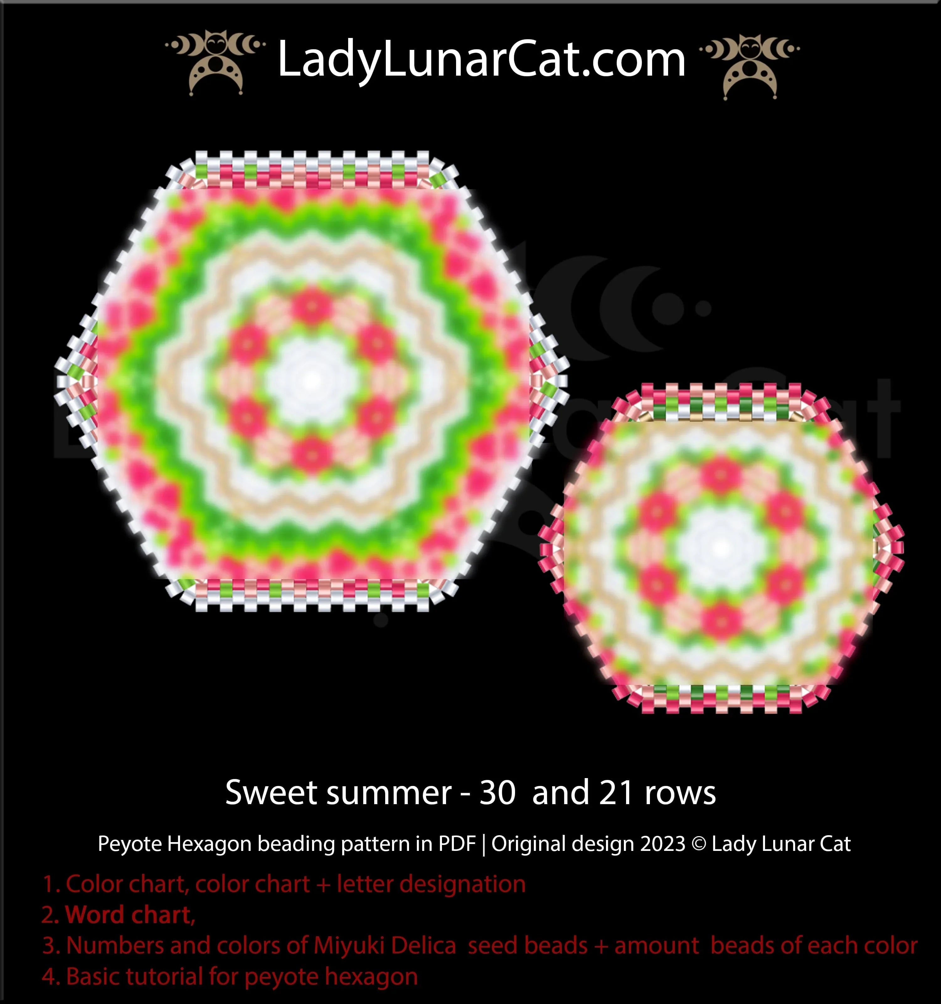Sweet Summer peyote hexagon earring - 2 sizes Rivoli floral intermediate PDF LadyLunarCat