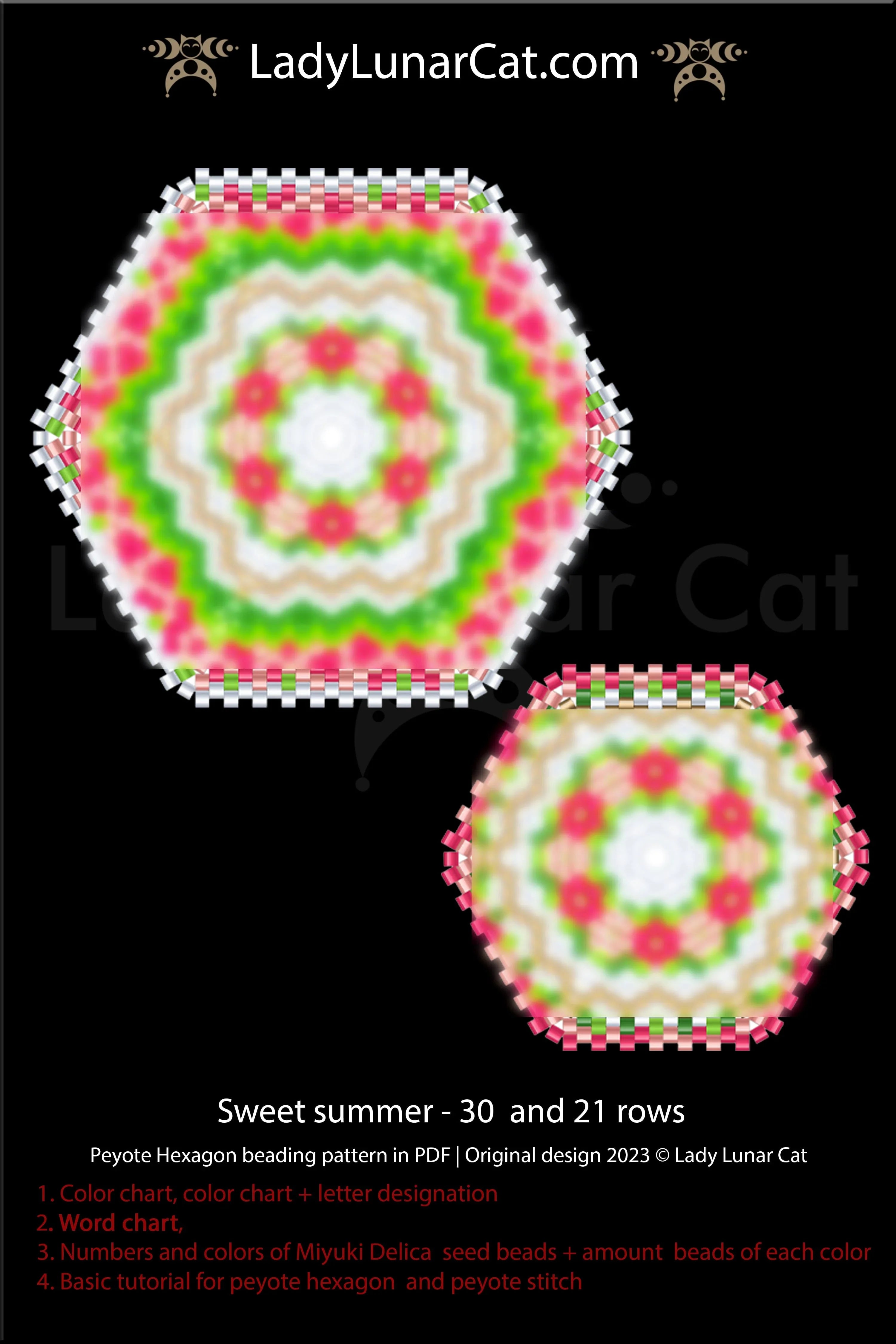 Sweet Summer beaded hexagon detail - Rivoli crystal center peyote stitch close up LadyLunarCat