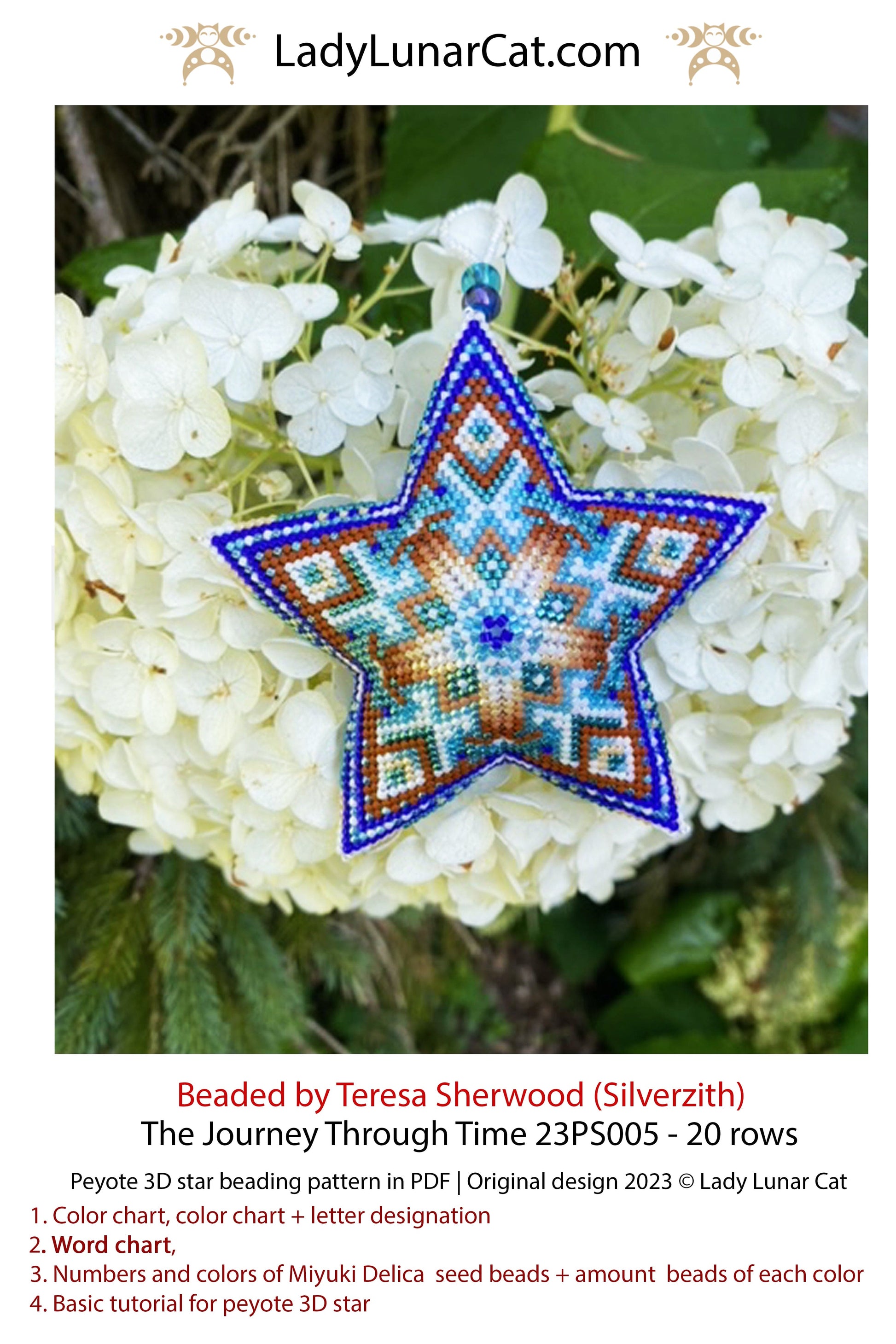 Peyote star pattern for beading - The Journey Through Time 23PS005 20 rows LadyLunarCat