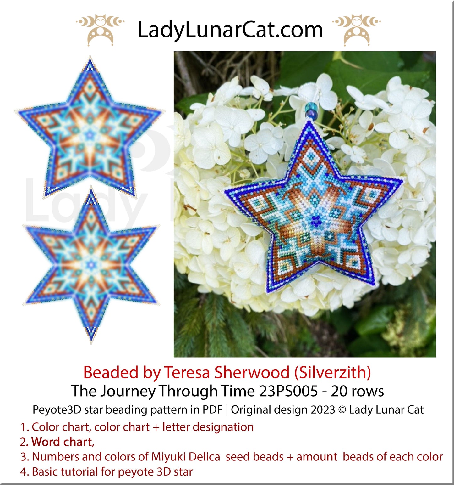 Peyote star pattern for beading - The Journey Through Time 23PS005 20 rows LadyLunarCat
