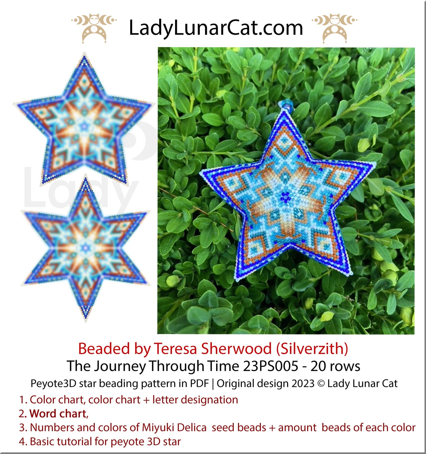 Peyote star pattern for beading - The Journey Through Time 23PS005 20 rows LadyLunarCat